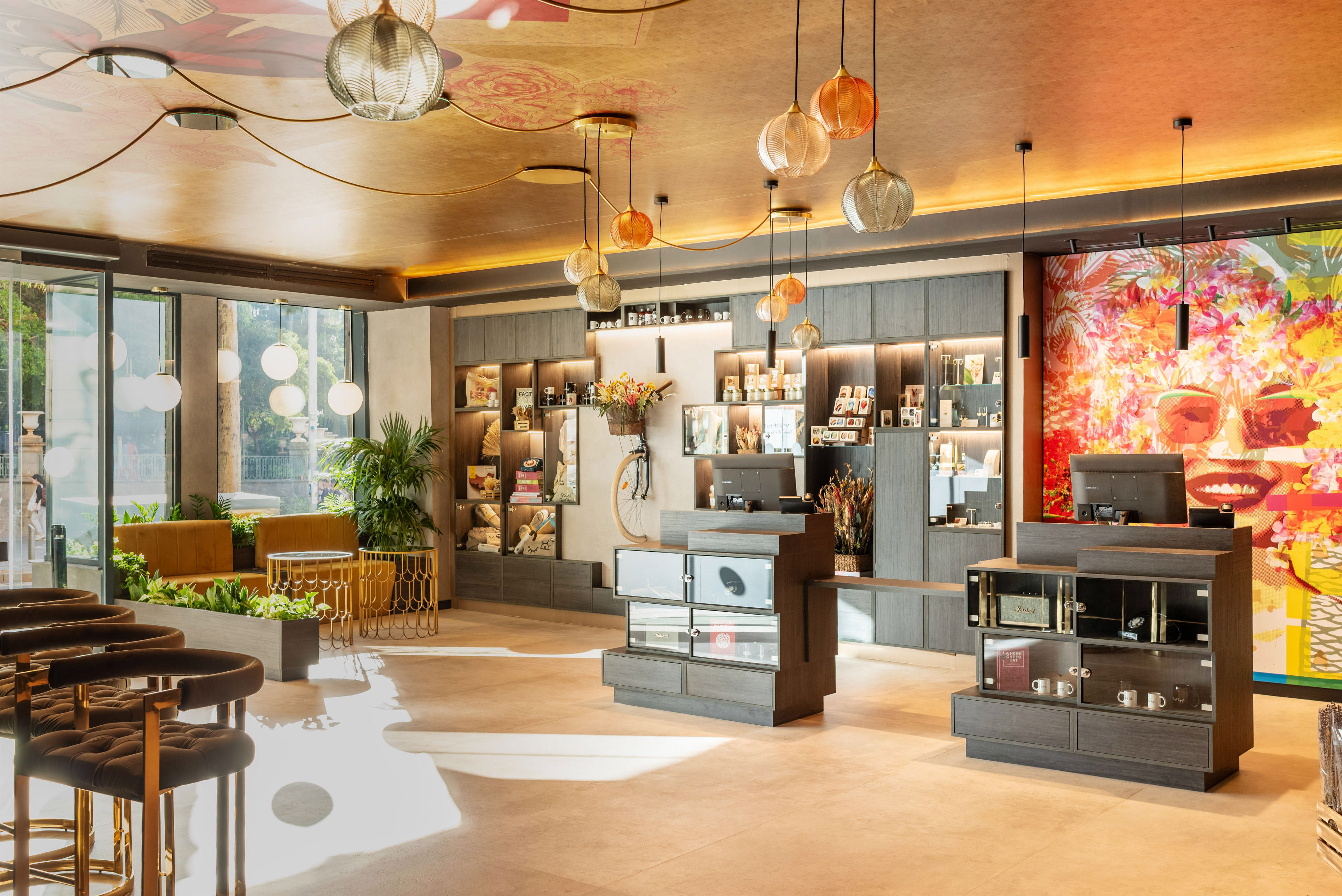 a room with shelves and lights