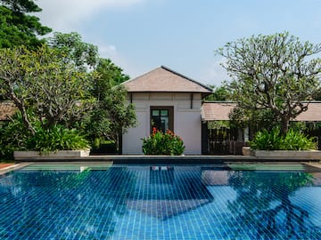 a pool with trees around it