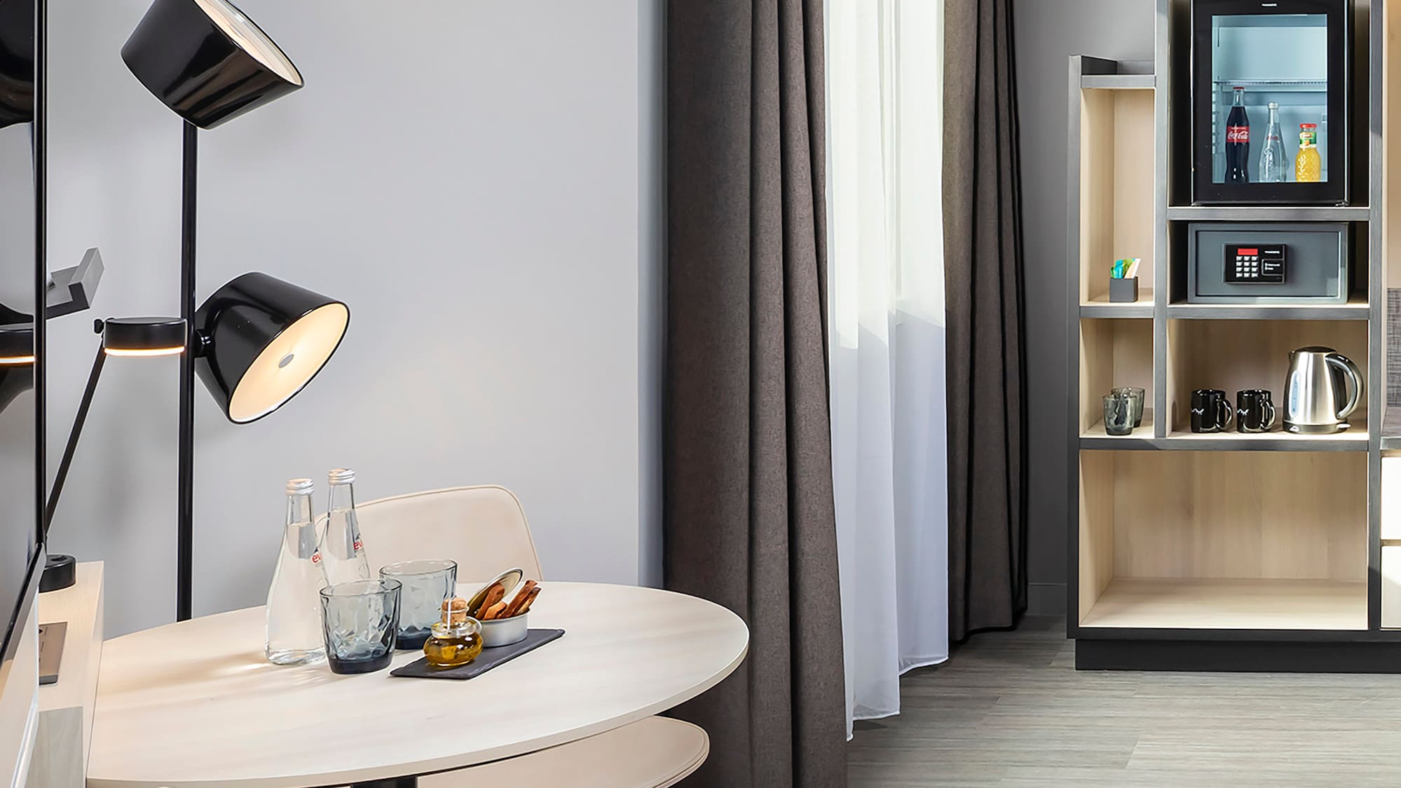 a room with a table and chairs