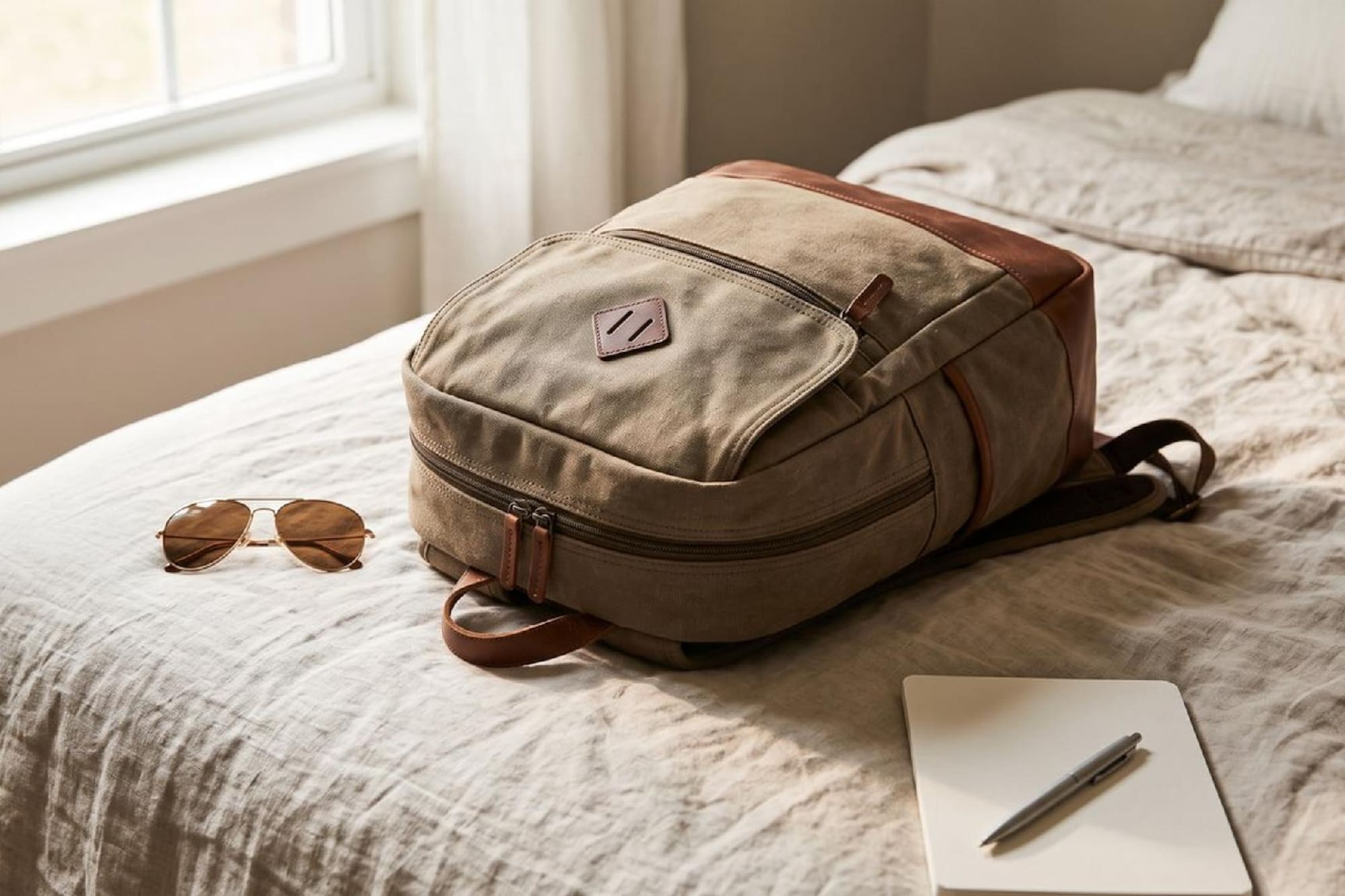 Khaki canvas and leather backpack, aviator sunglasses, notebook on a bed.