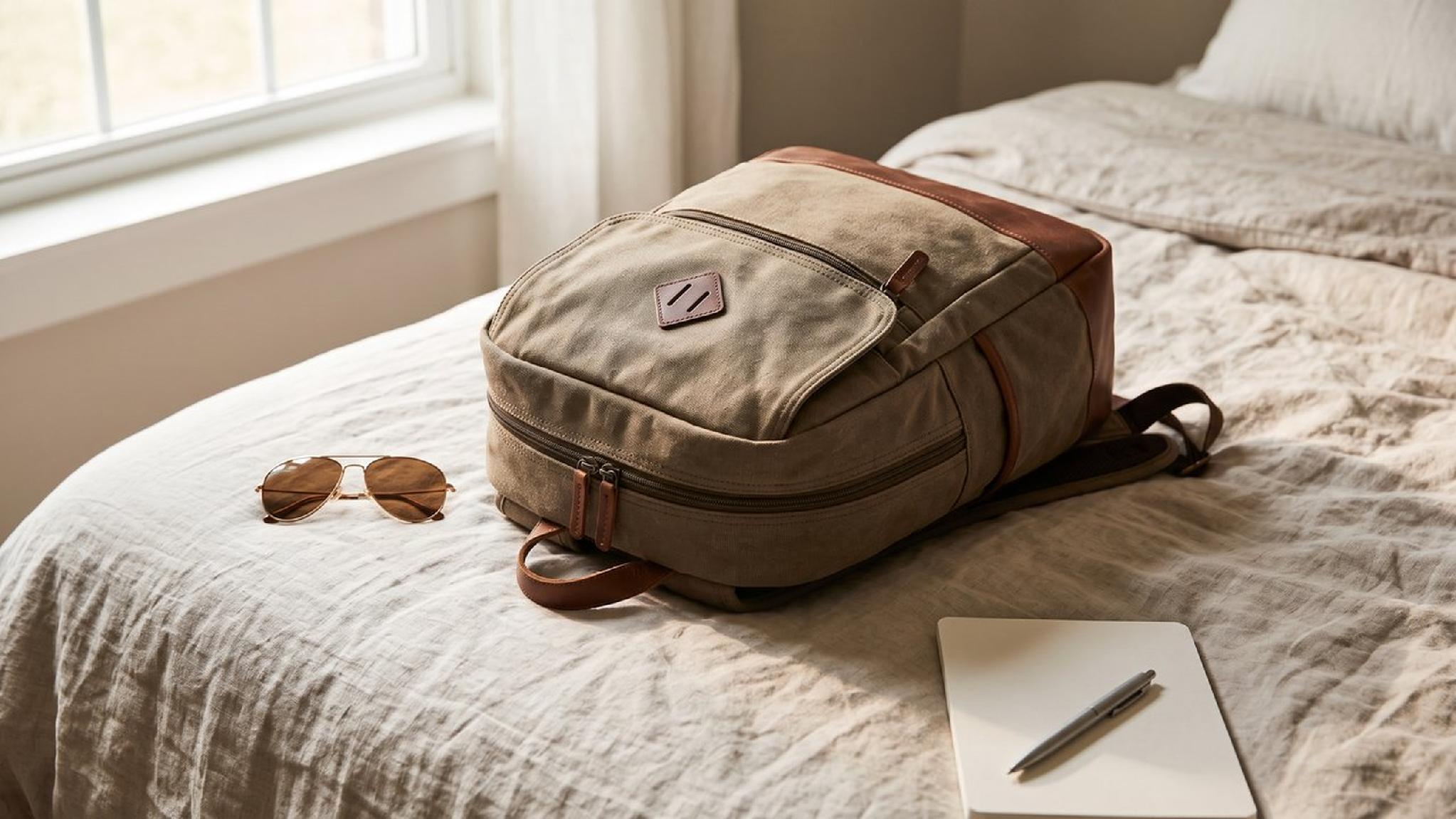 Khaki canvas and leather backpack, aviator sunglasses, notebook on a bed.