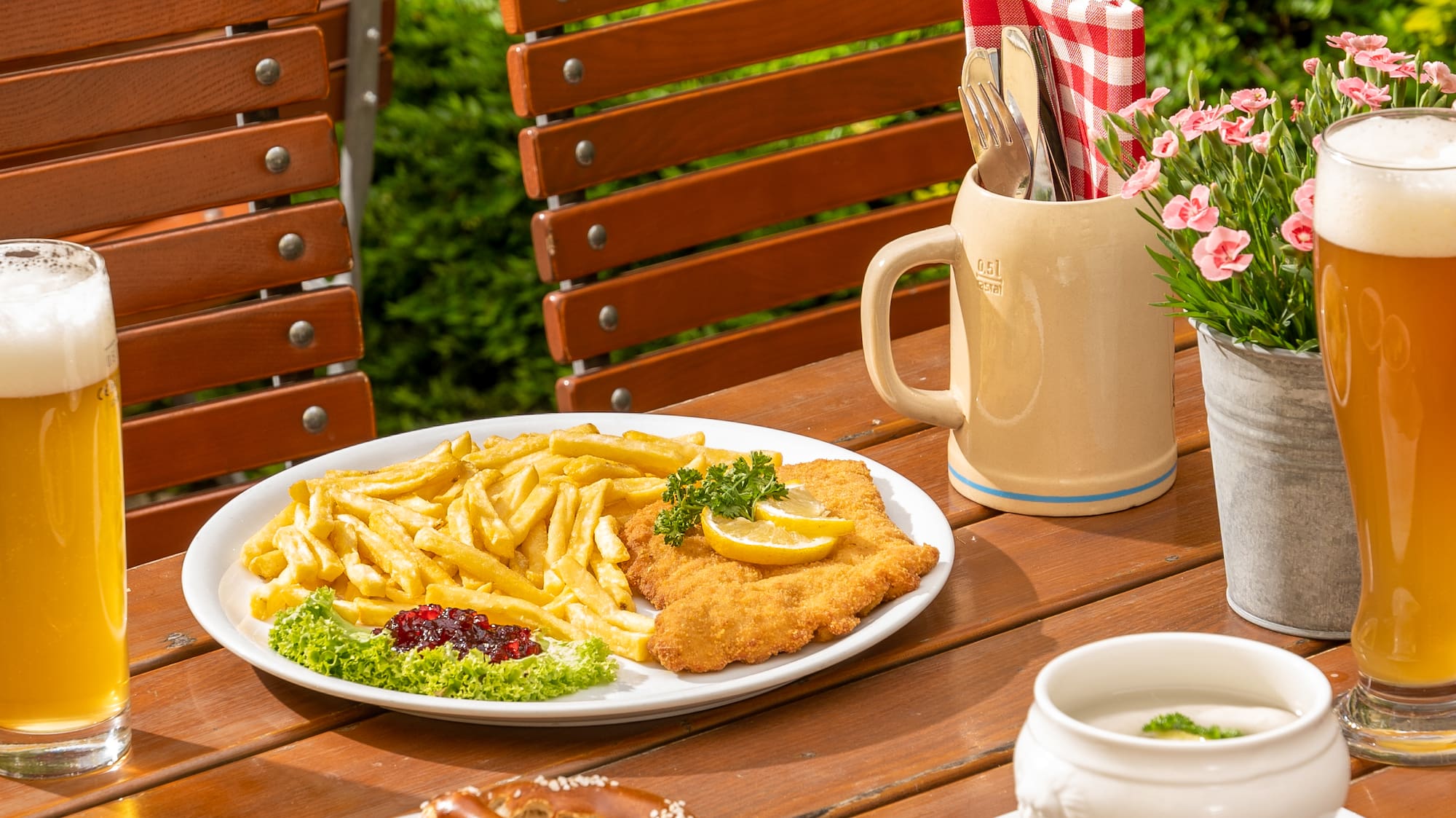 a table with food and drinks on it
