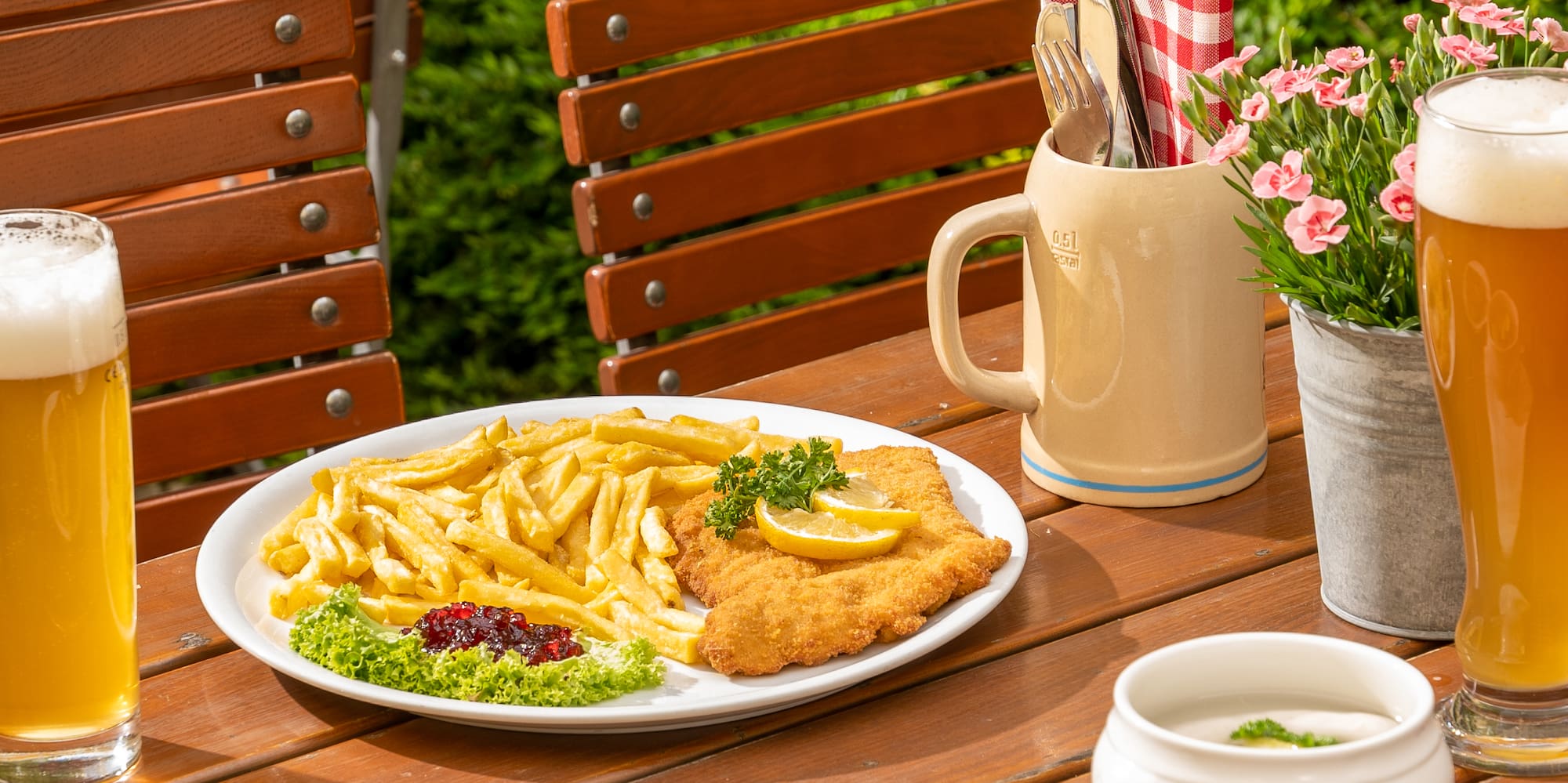 a table with food and drinks on it