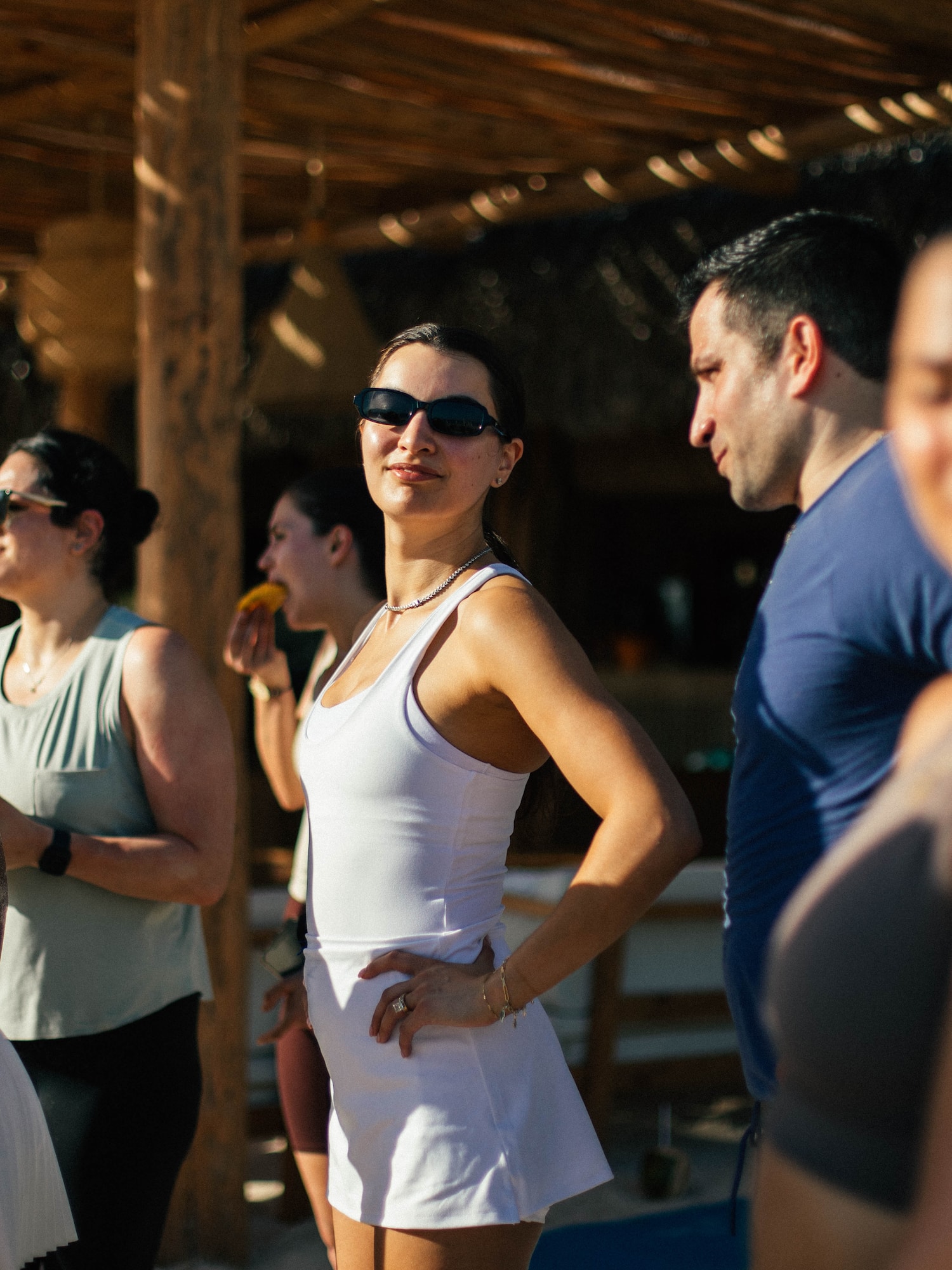 a group of people standing in a line