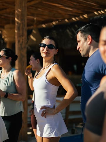 a group of people standing in a line