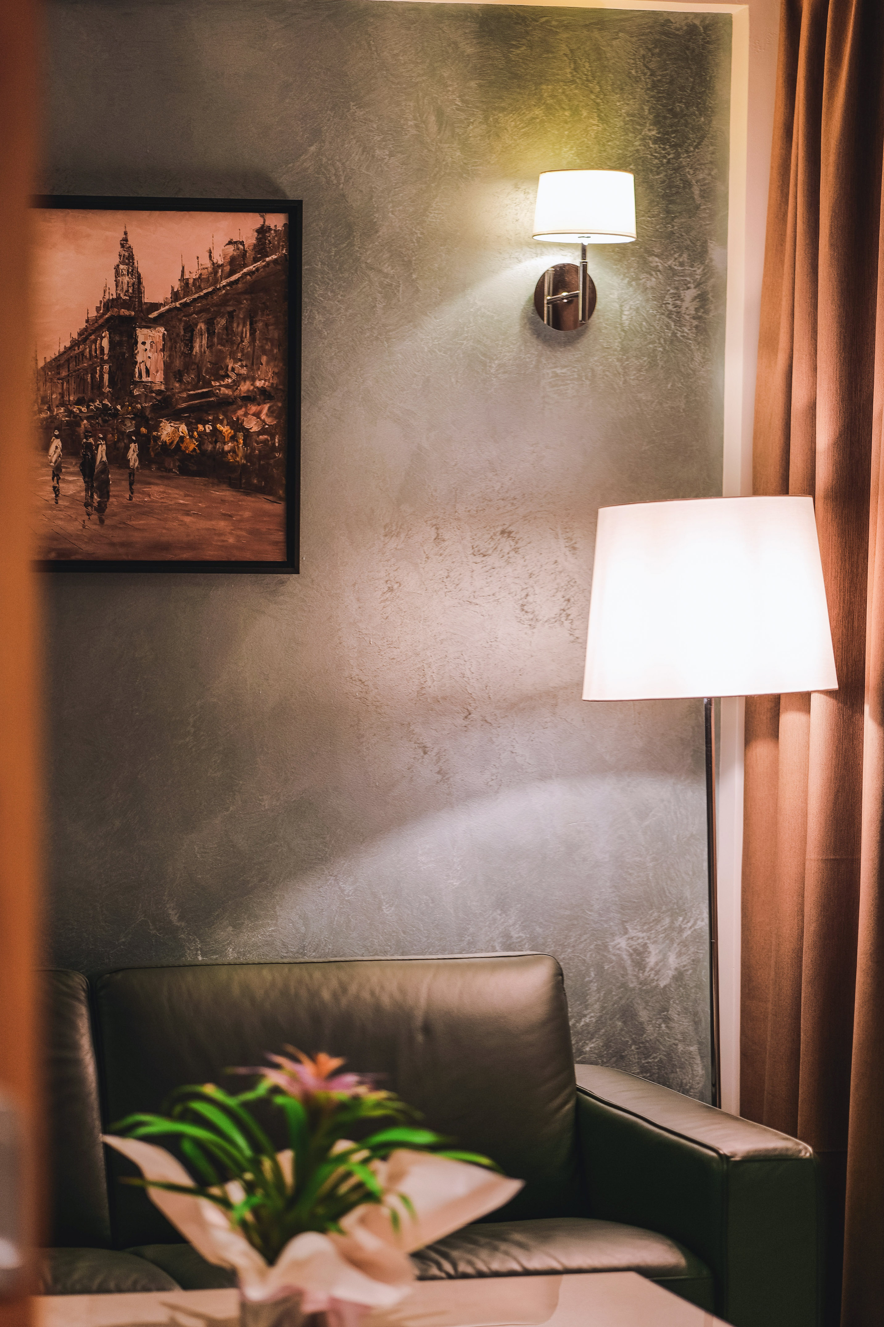 a lamp next to a chair