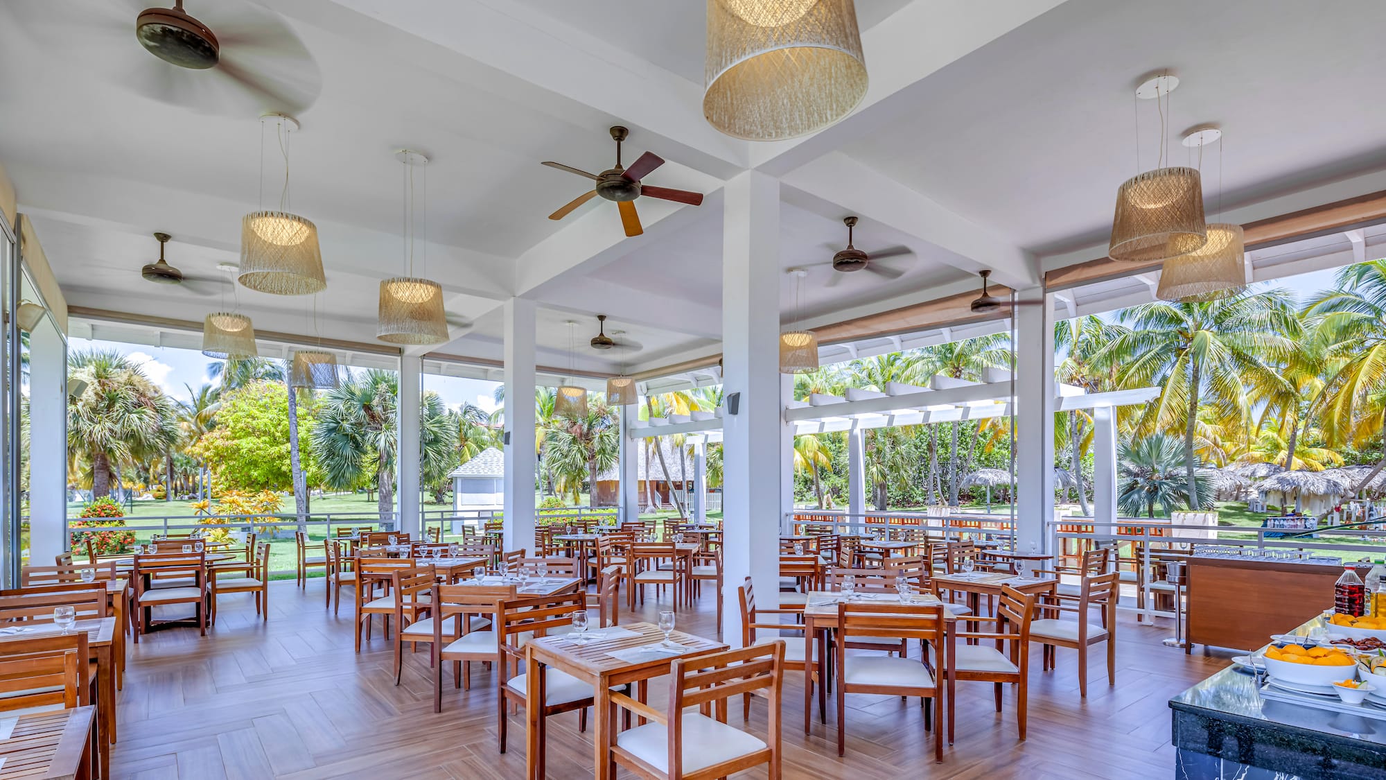 a room with tables and chairs