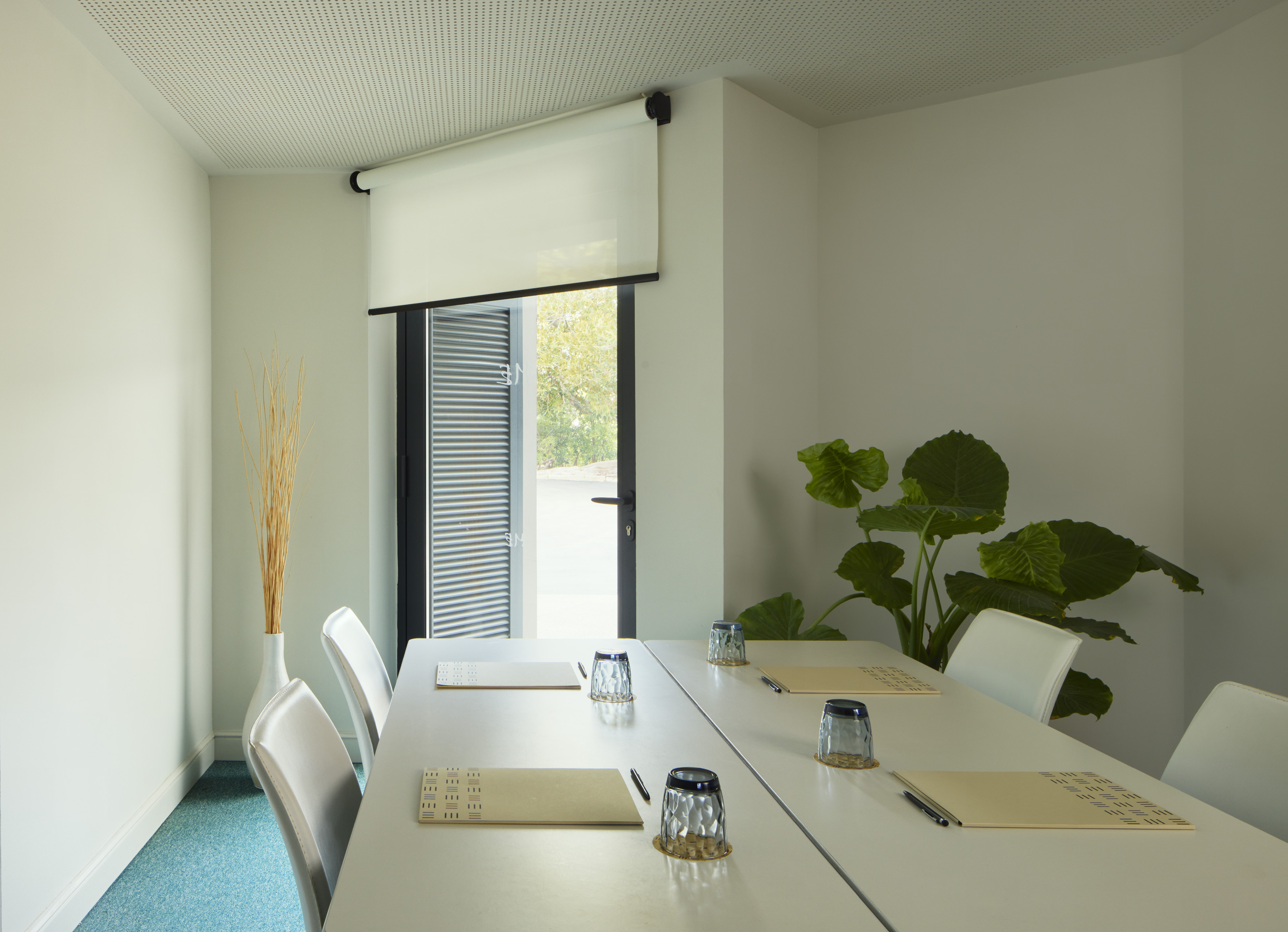 Bright modern meeting room with white table, blue carpet, and natural light.