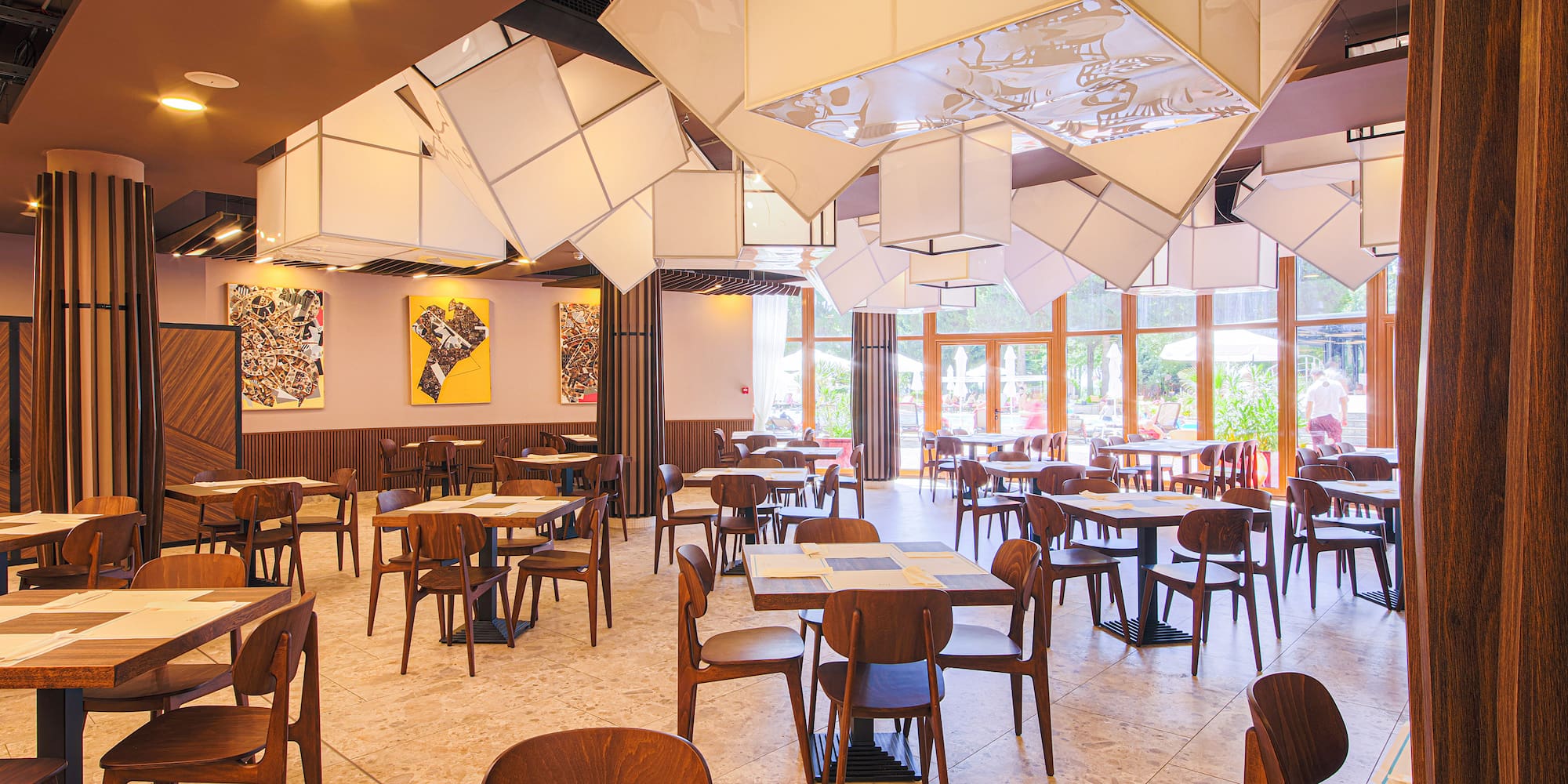 a room with tables and chairs