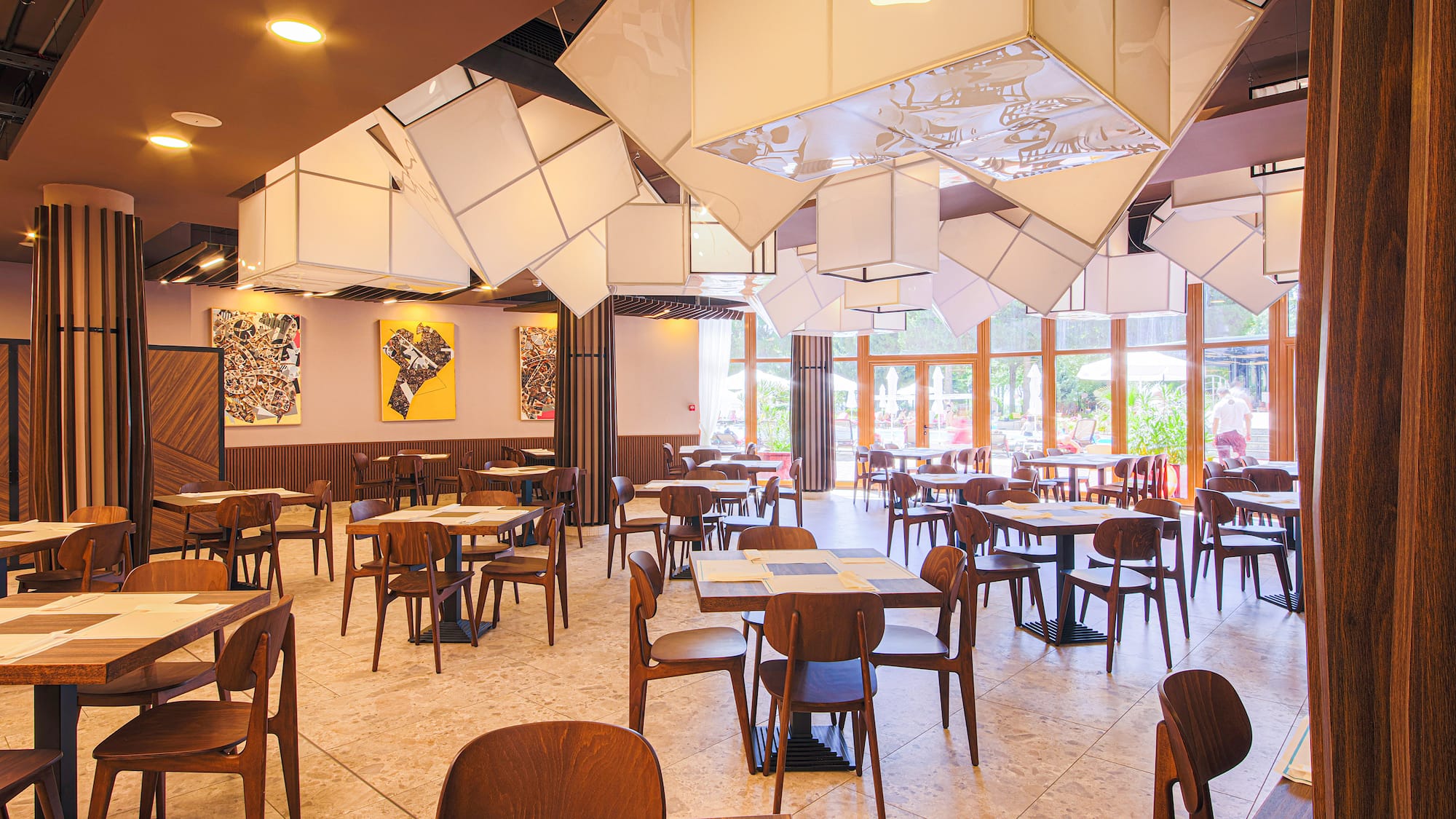 a room with tables and chairs