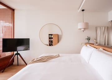 a room with a mirror and a bed