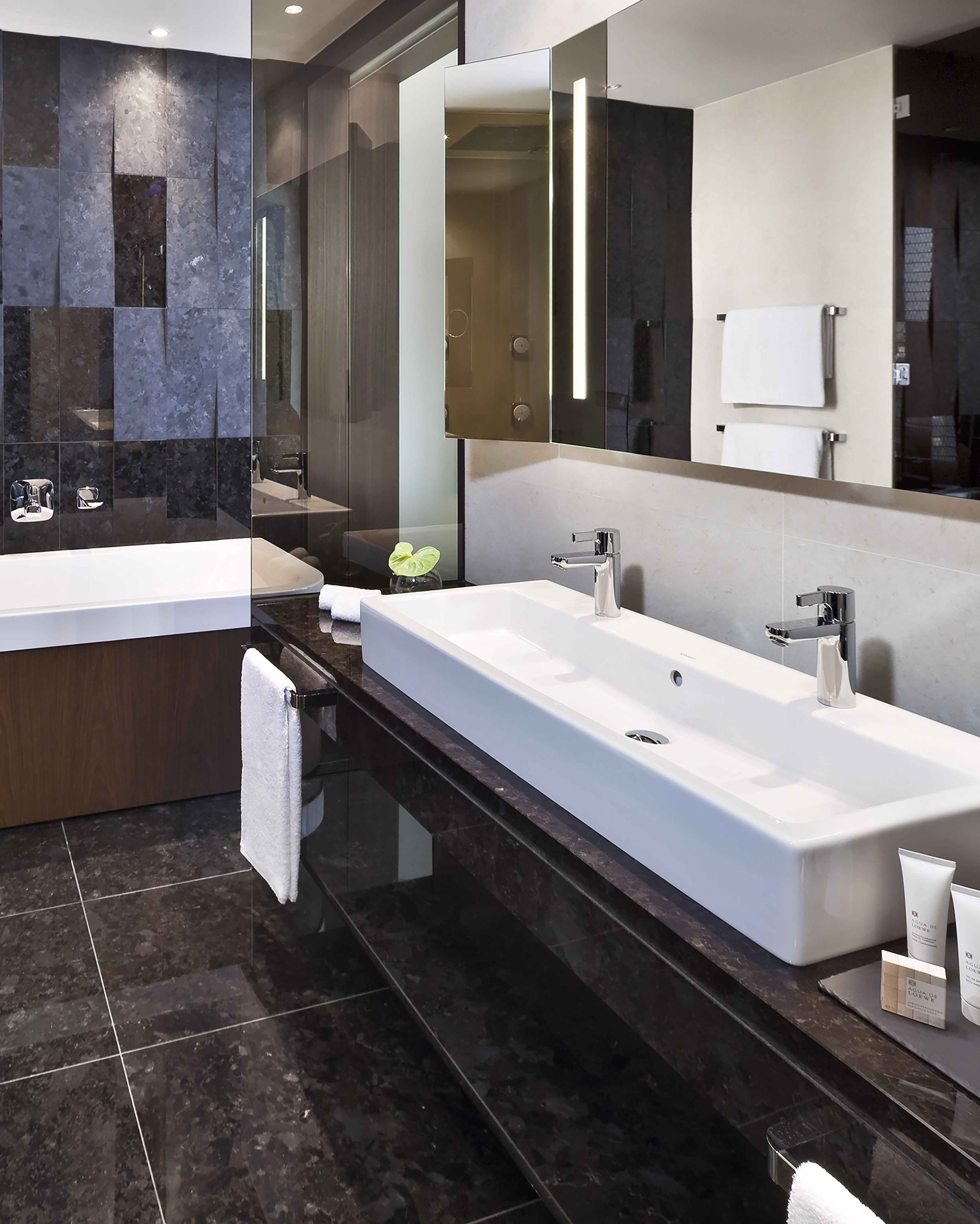 Luxury bathroom with long double sink, dark granite vanity, and modern design.