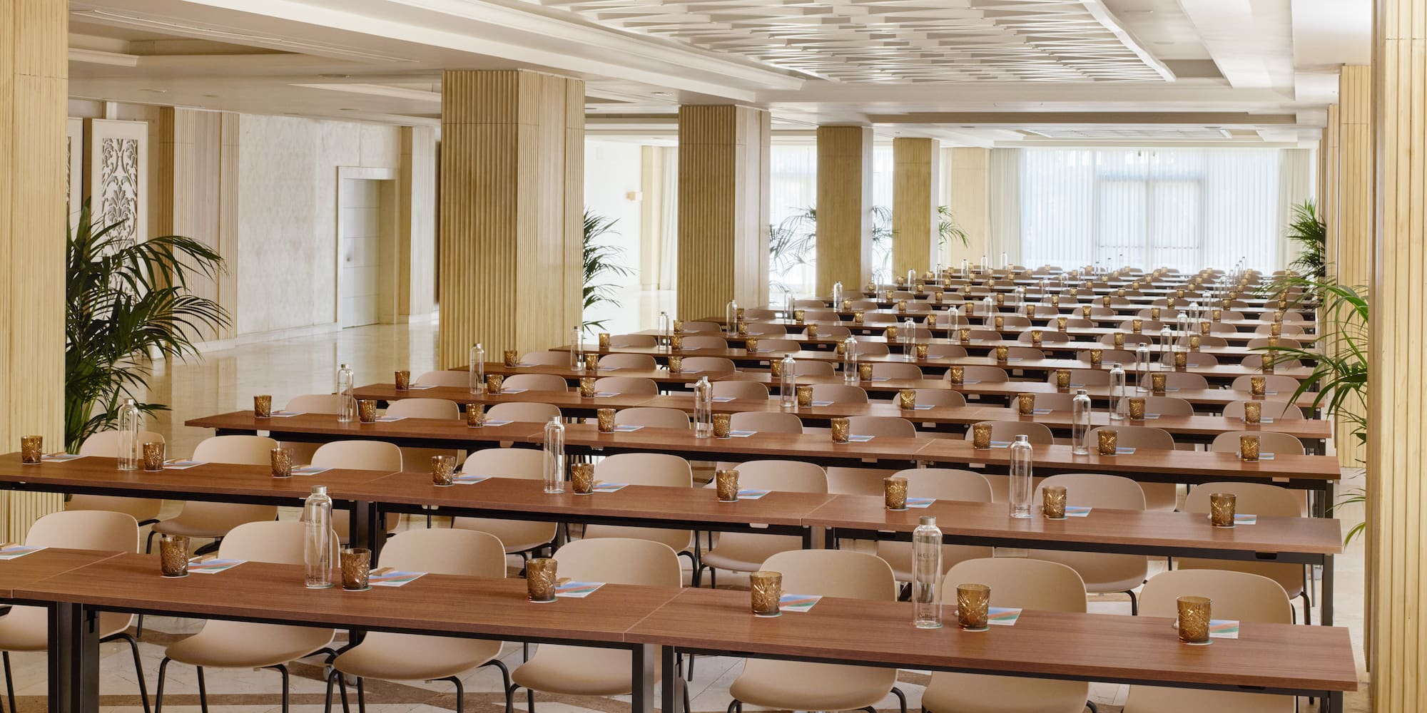 a room with tables and chairs