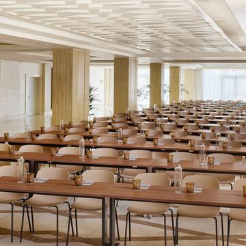 a room with tables and chairs