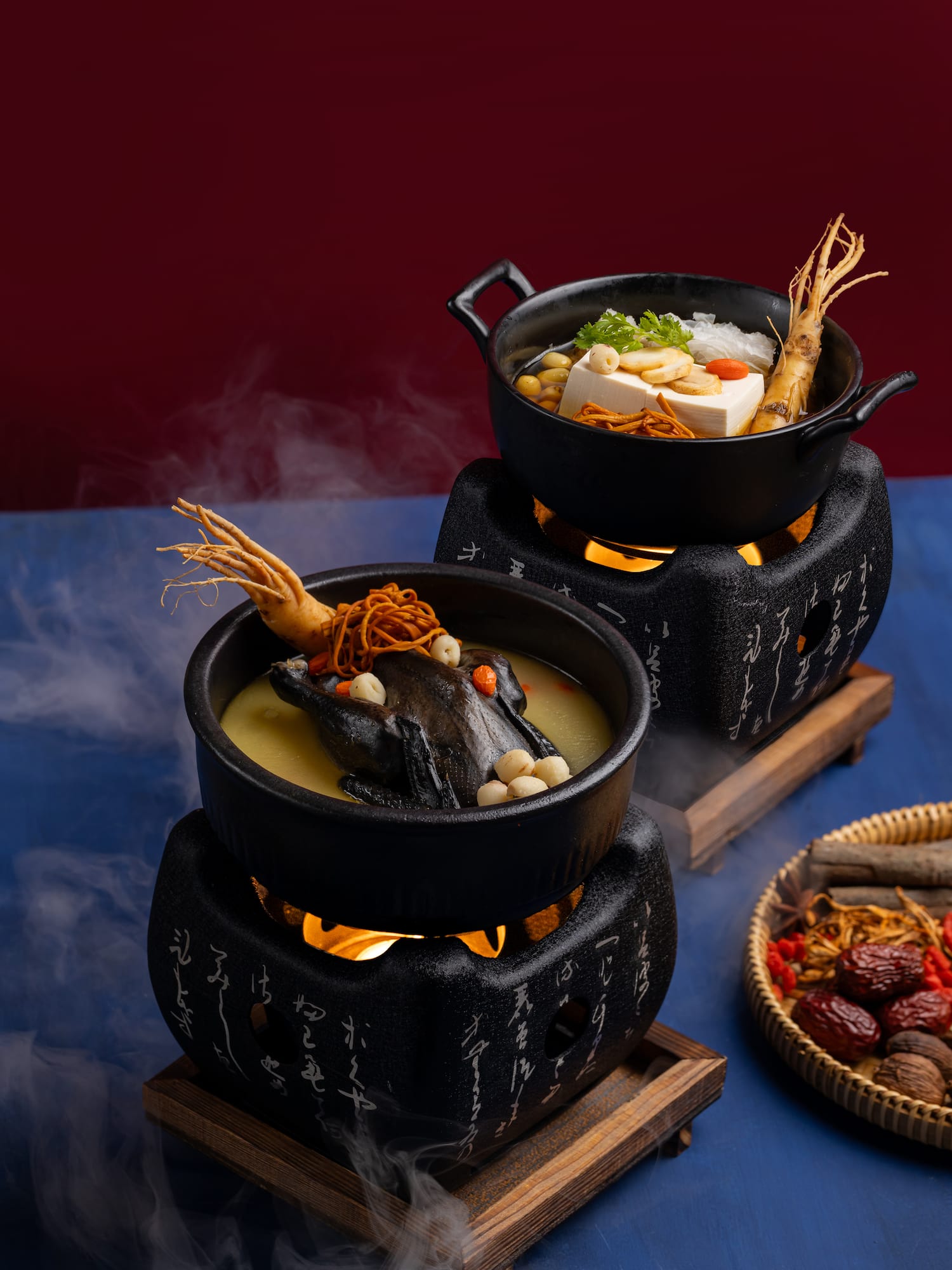 a group of bowls of soup on a table