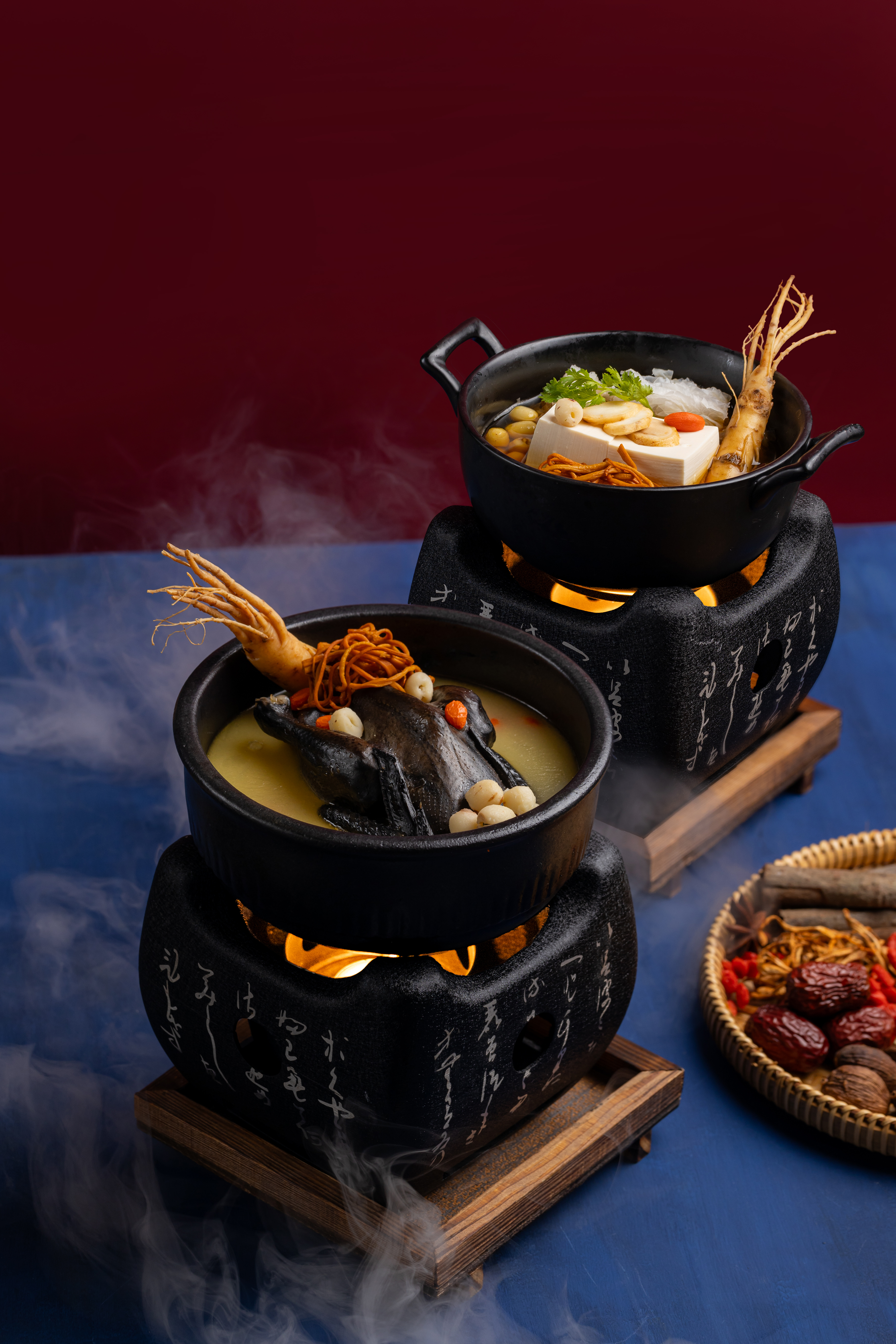 a group of bowls of soup on a table