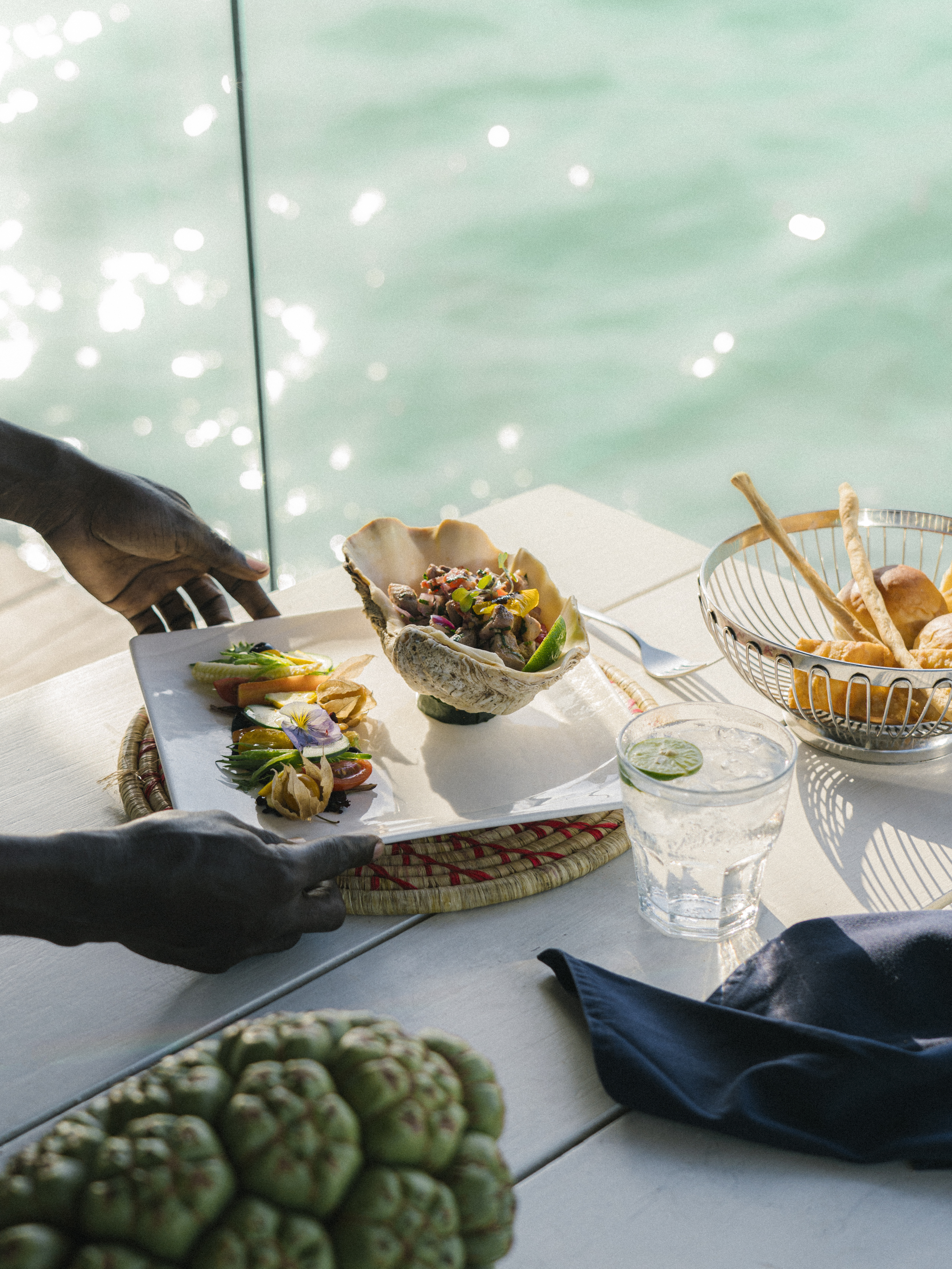 Hands serving seafood in a shell and plated vegetables by sparkling ocean.
