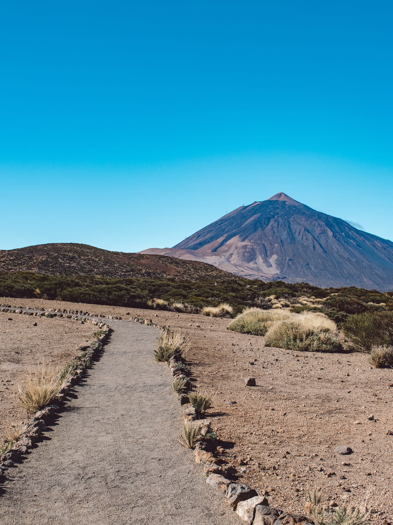 Gravel path to Teide volcano, clear blue sky over Tenerife volcanic landscape.