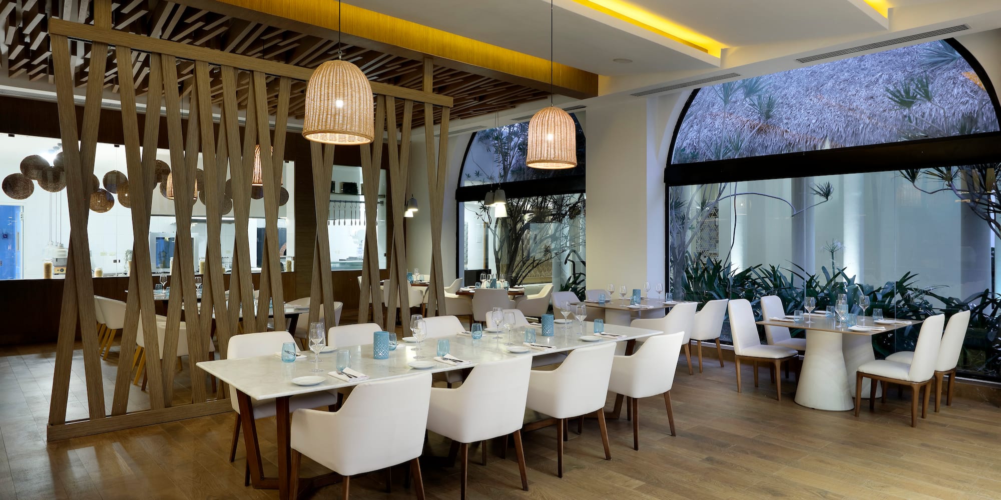 a room with tables and chairs