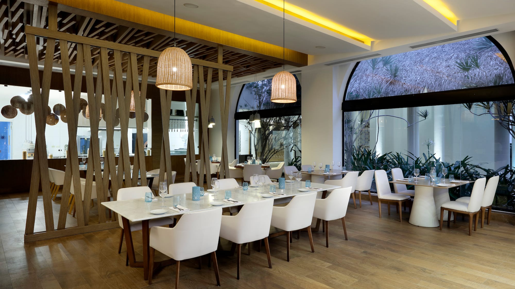 a room with tables and chairs