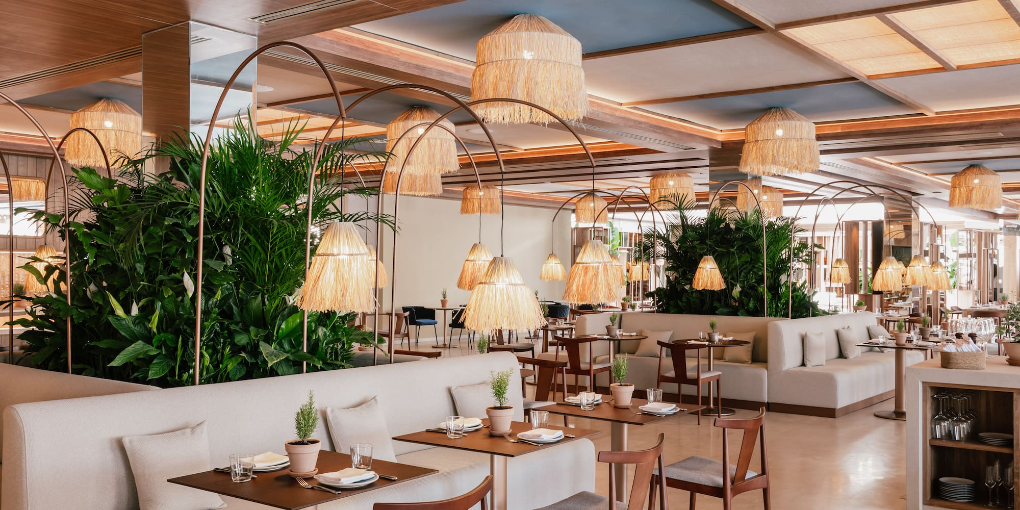 a room with tables and chairs and plants