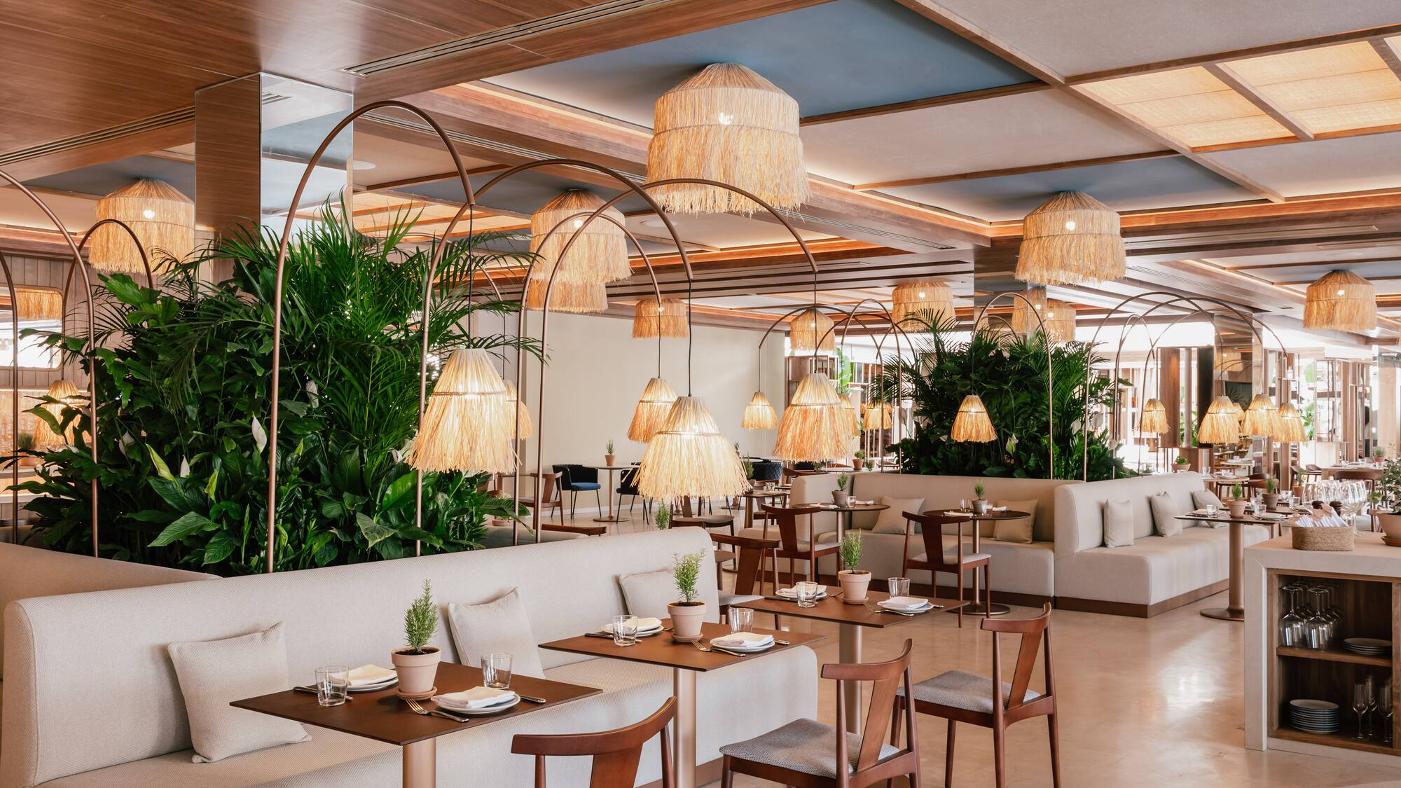 a room with tables and chairs and plants