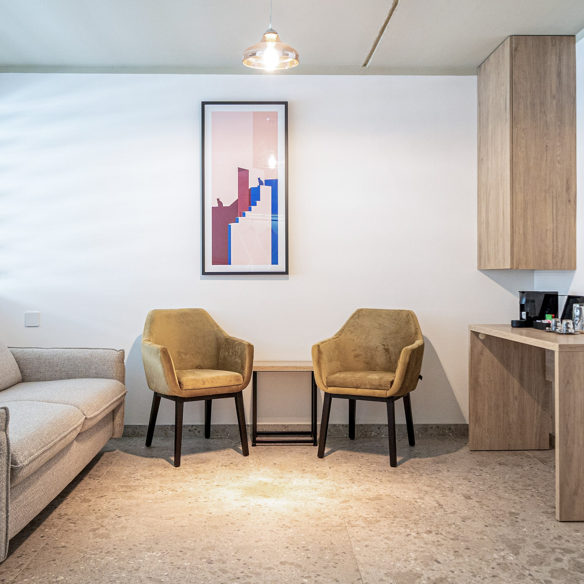 a room with a table and chairs