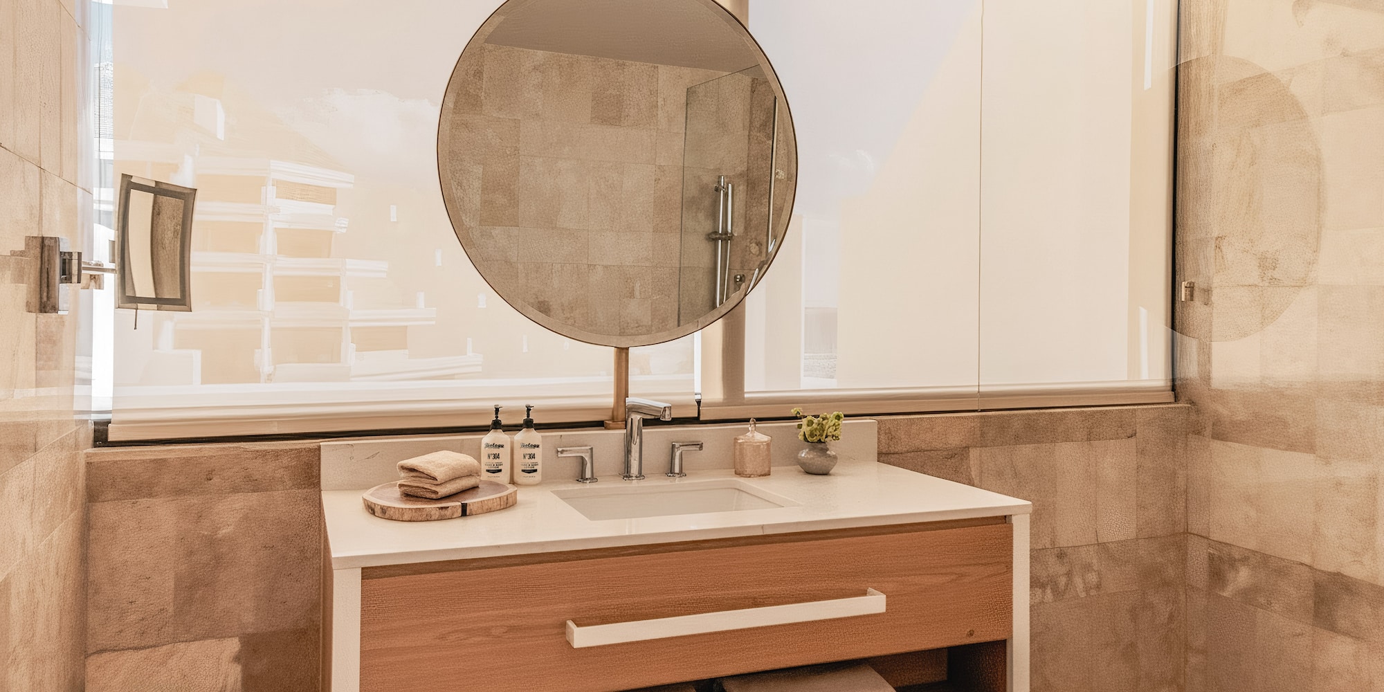 Modern bathroom vanity with round mirror, wood cabinet, white sink, and window.