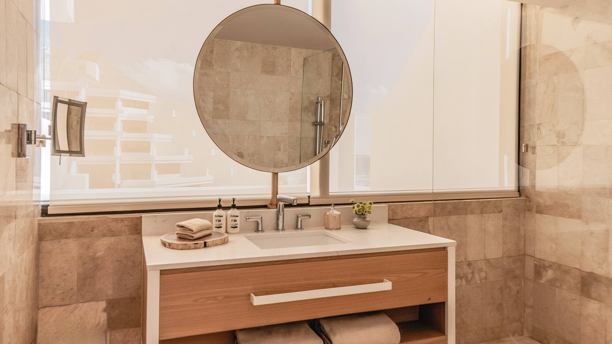 Modern bathroom vanity with round mirror, wood cabinet, white sink, and window.