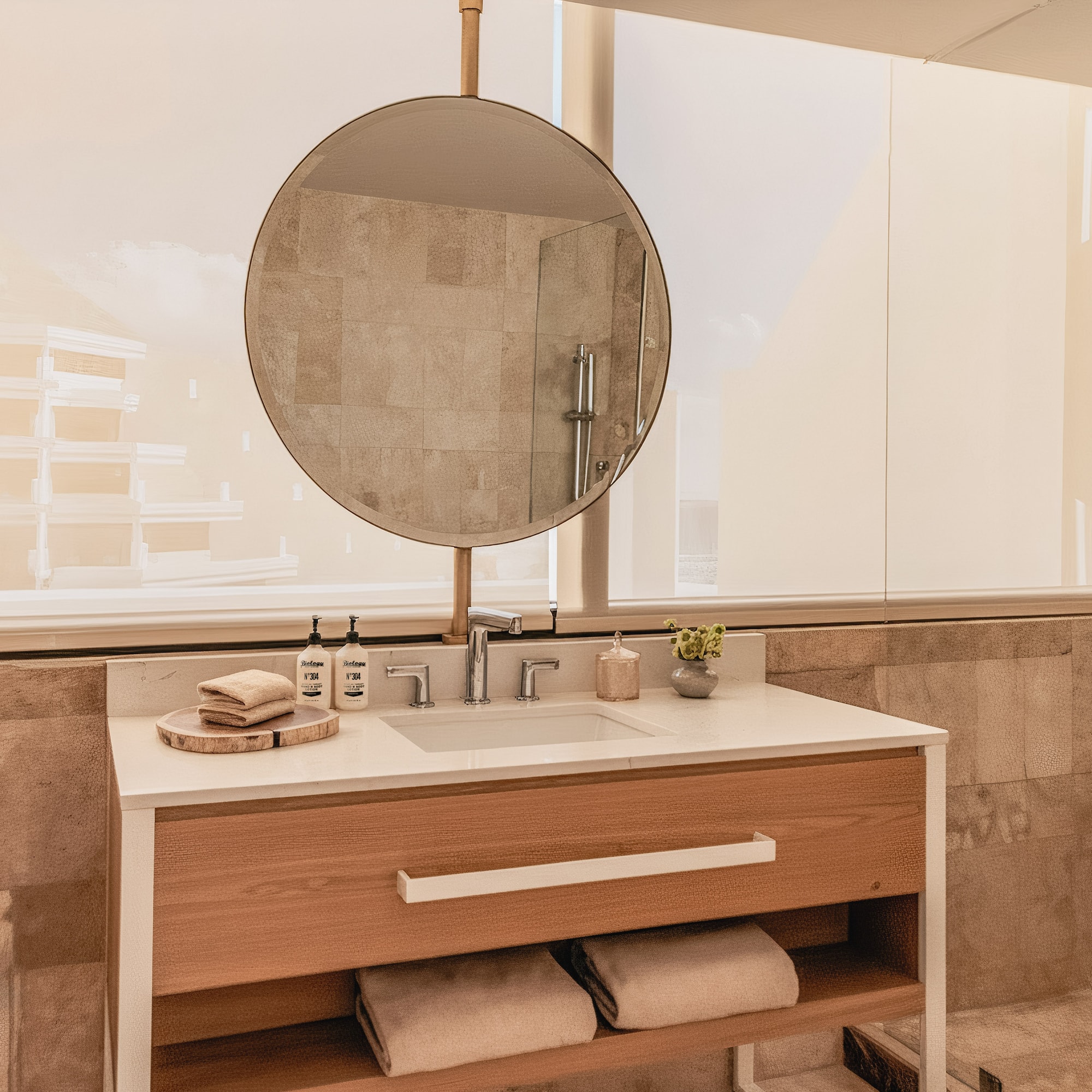 Modern wooden bathroom vanity with round mirror, white sink, and tiled walls.