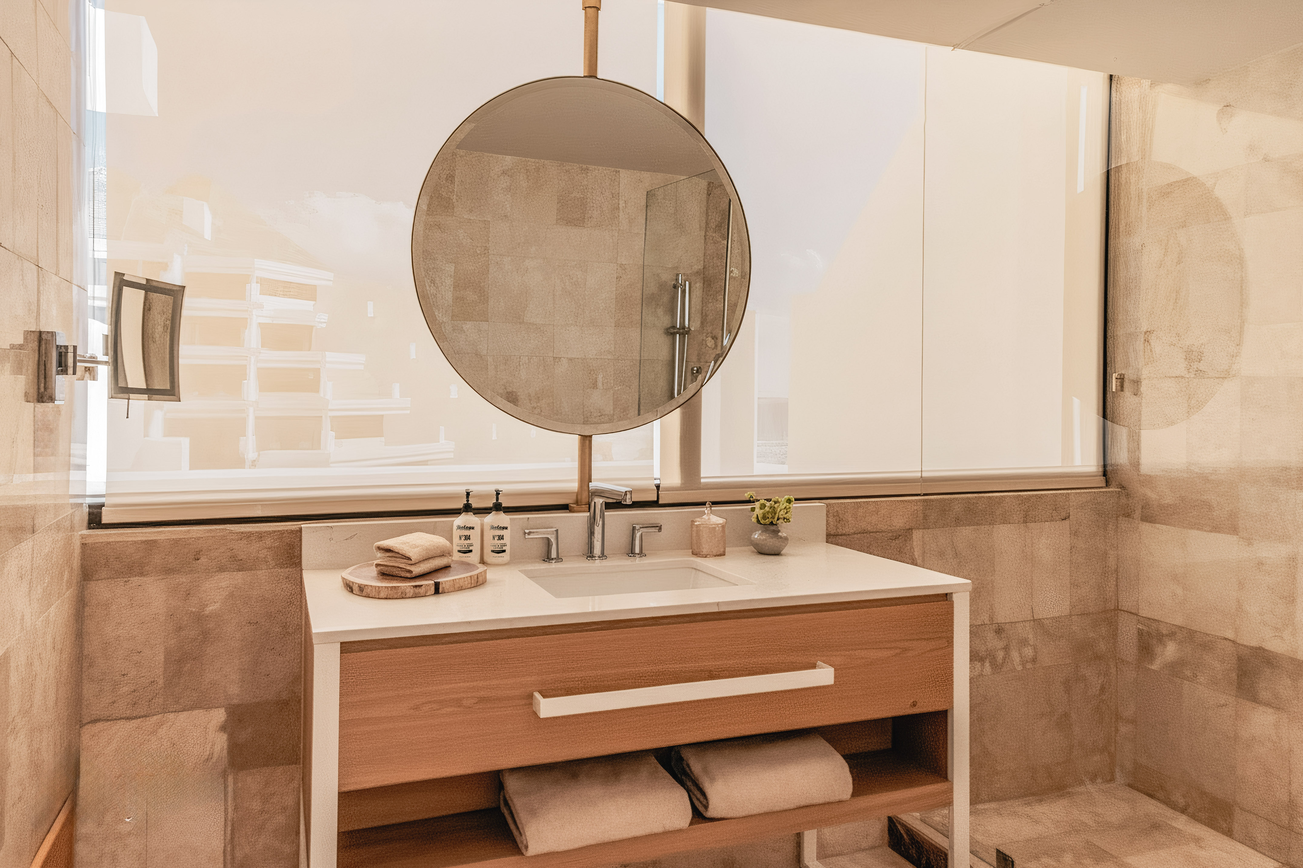 Modern bathroom vanity with round mirror, wood cabinet, white sink, and window.