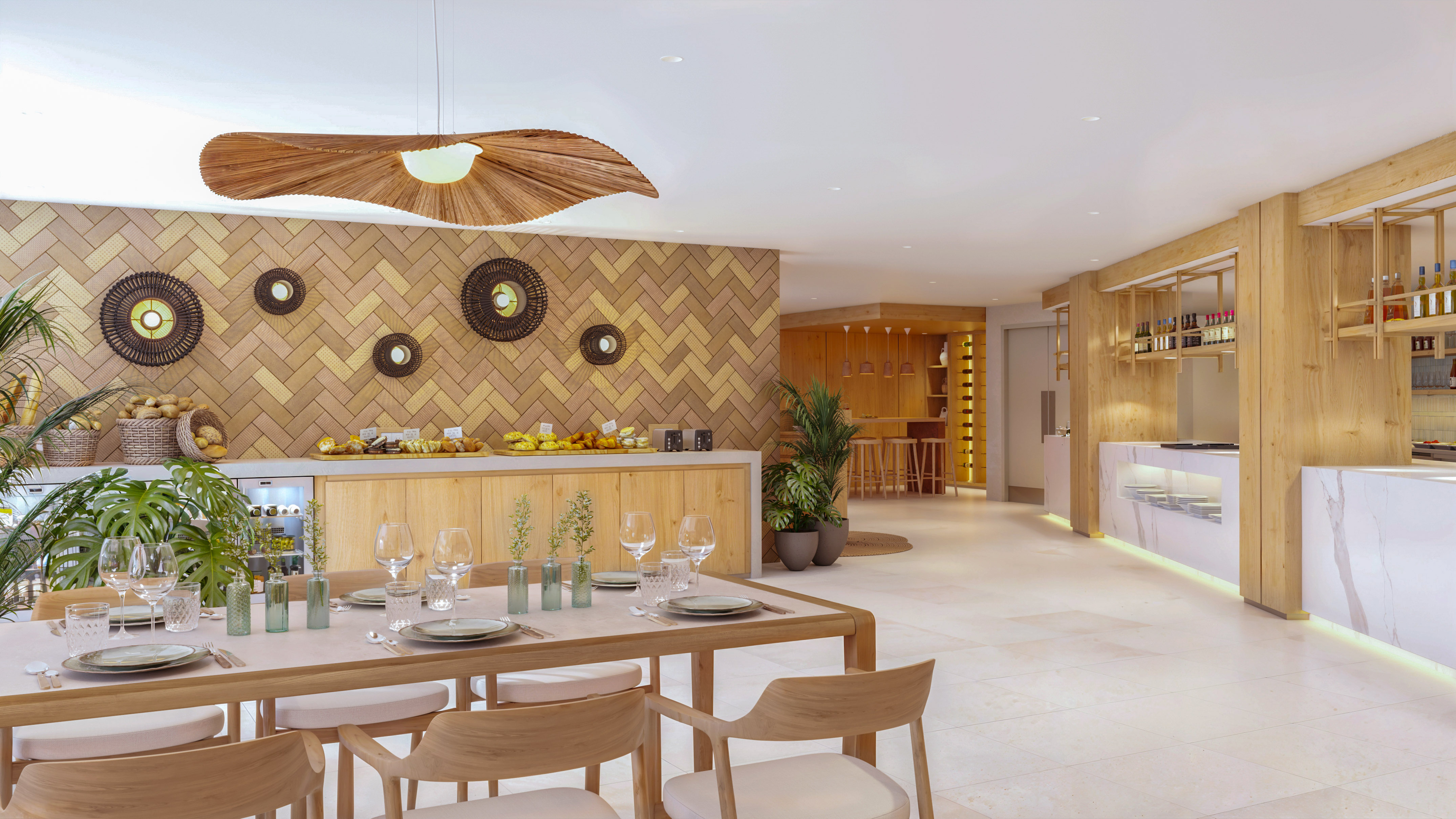 Bright, modern restaurant buffet with wooden table and bar.
