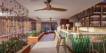 a bar with stools and chairs in a room with plants and a ceiling fan