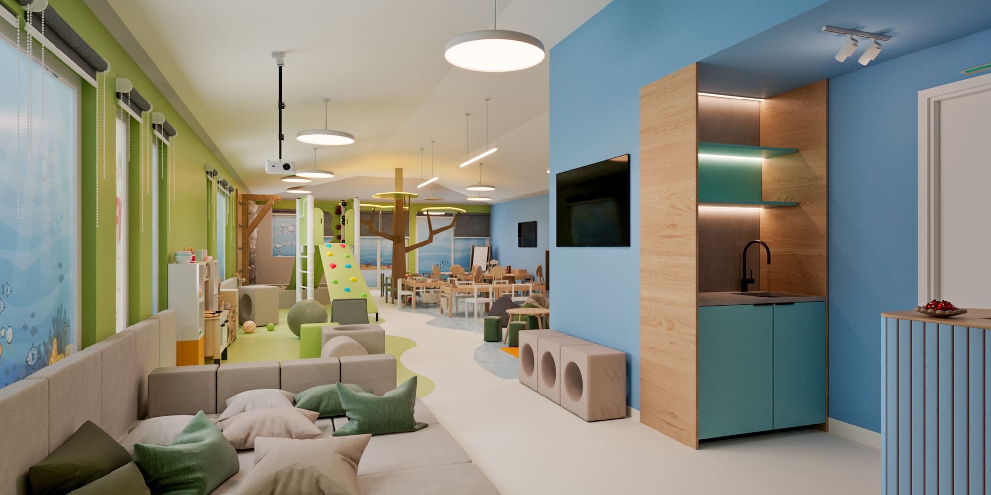 a room with a playroom and a play area