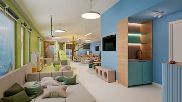 a room with a playroom and a play area