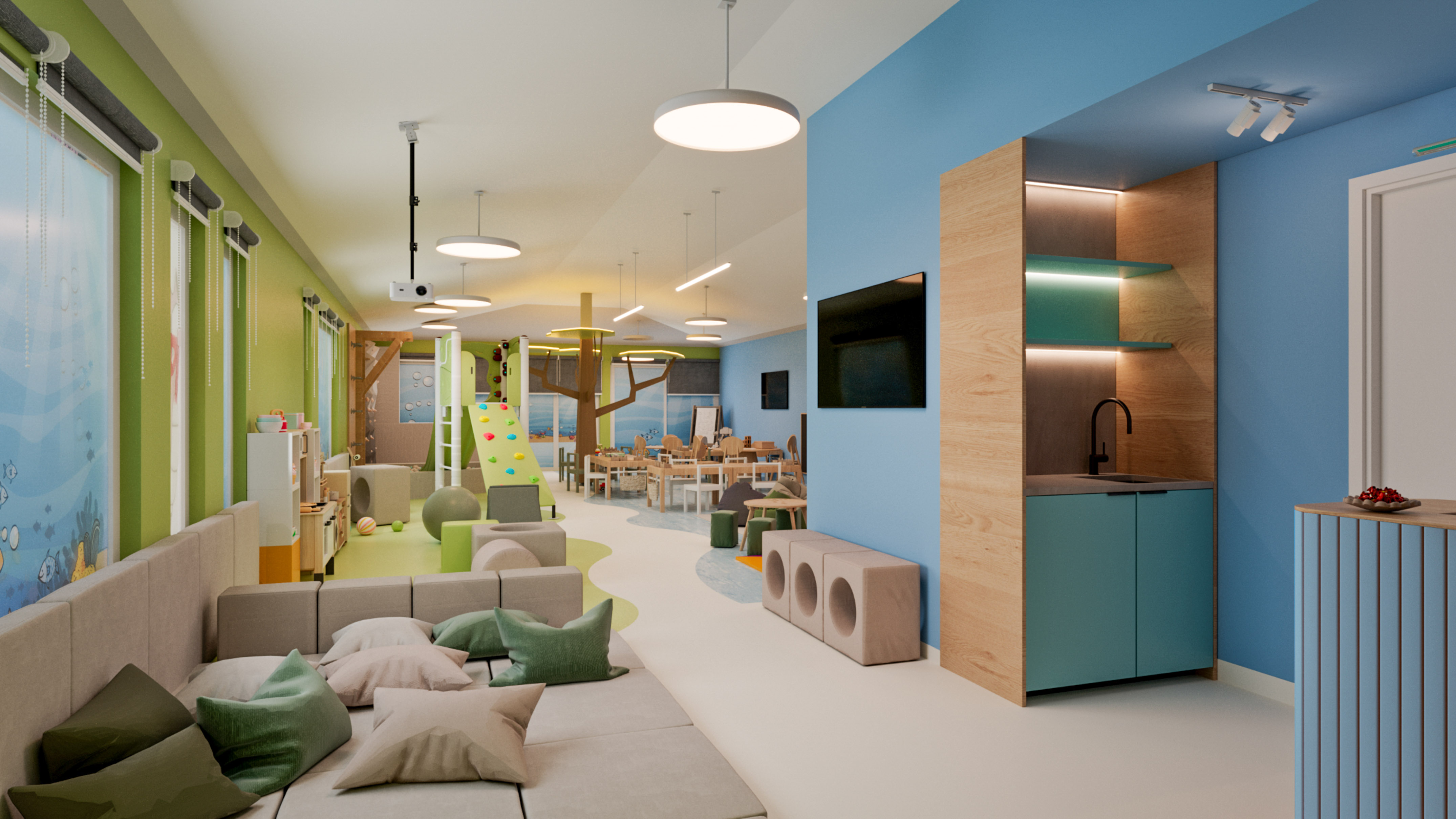 a room with a playroom and a play area