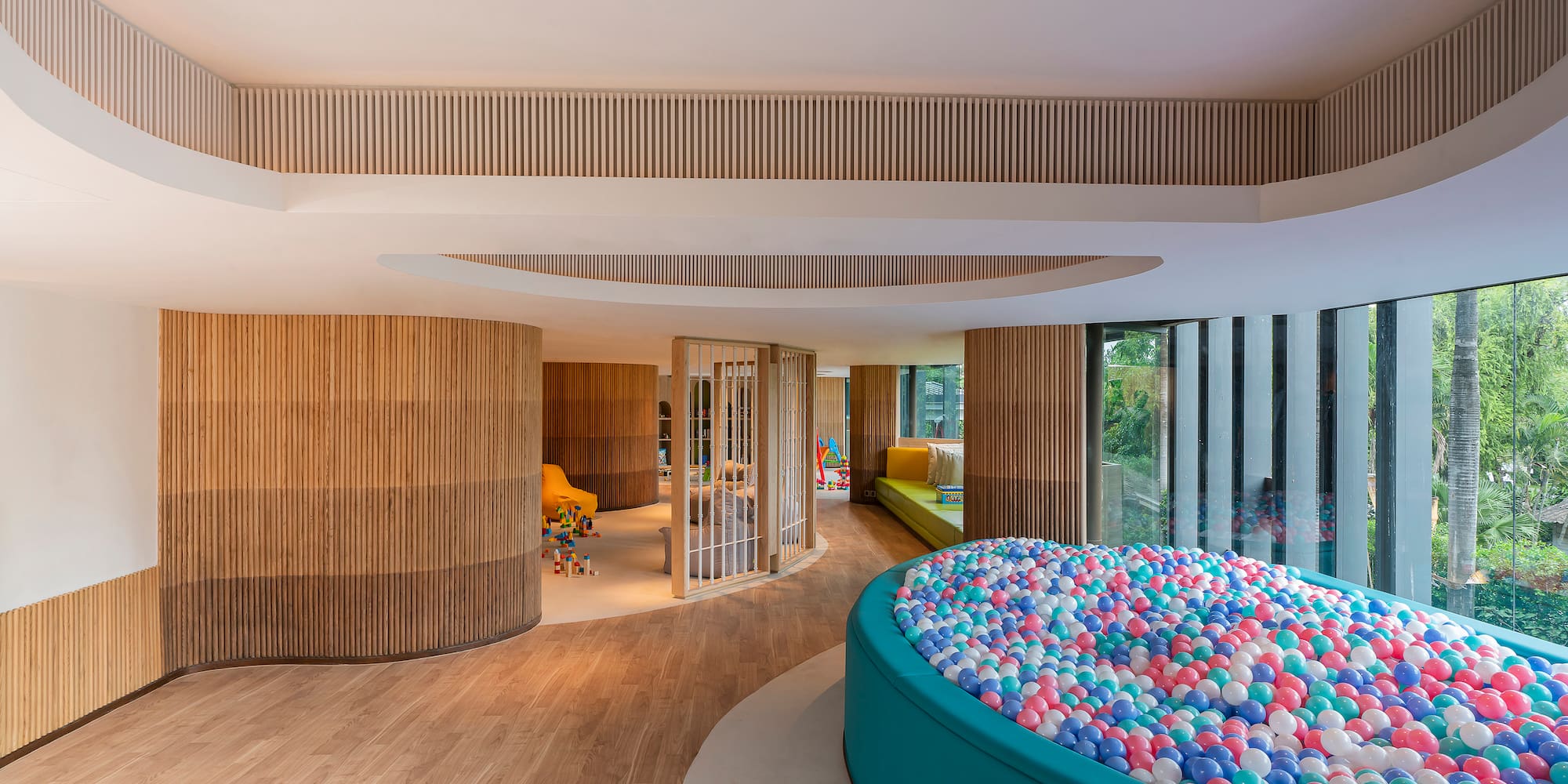 a room with a pool of balls