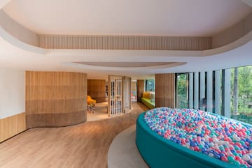 a room with a pool of balls