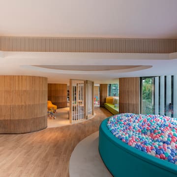 a room with a pool of balls