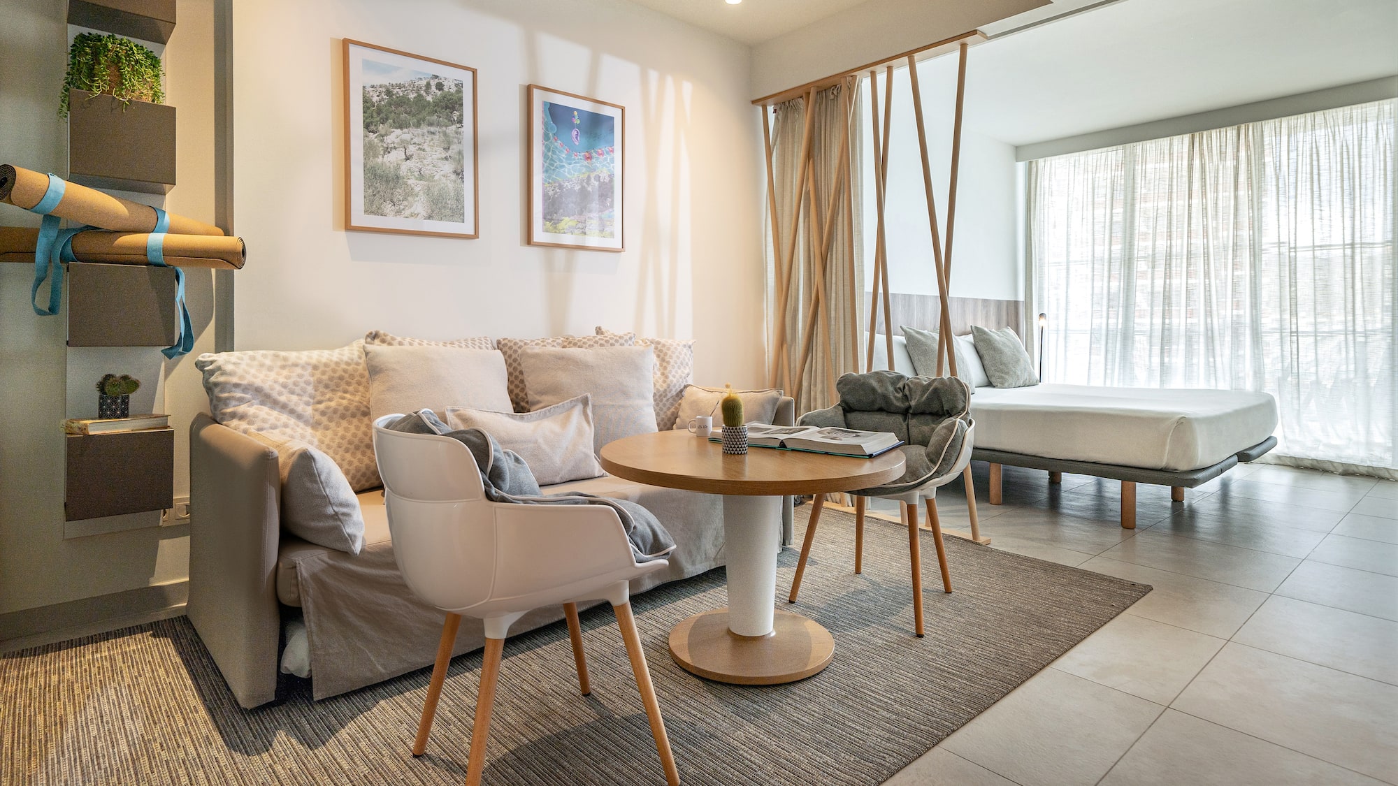 a living room with a couch and a table