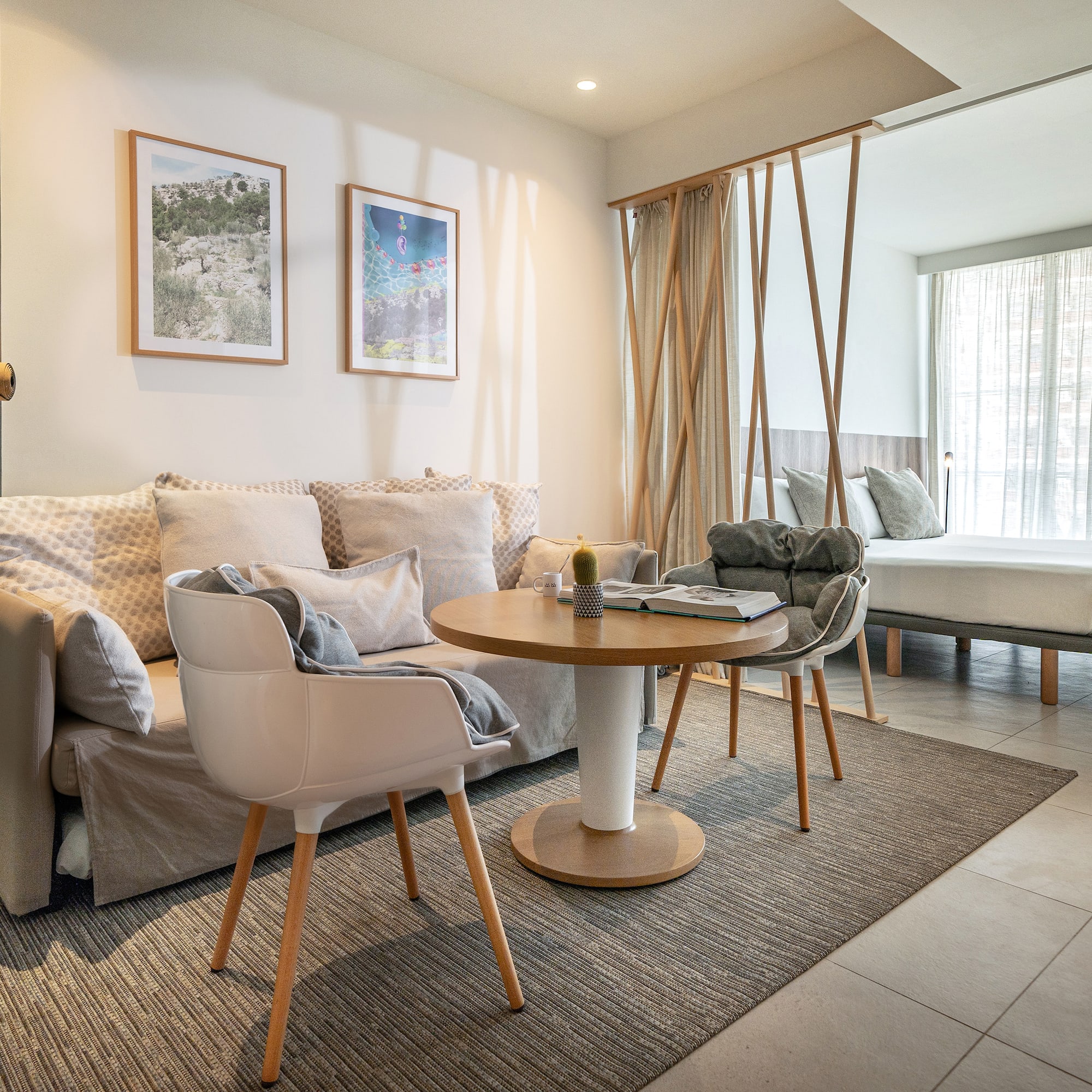 a living room with a couch and a table