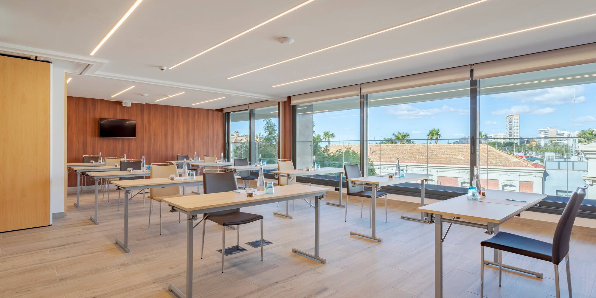 a room with tables and chairs