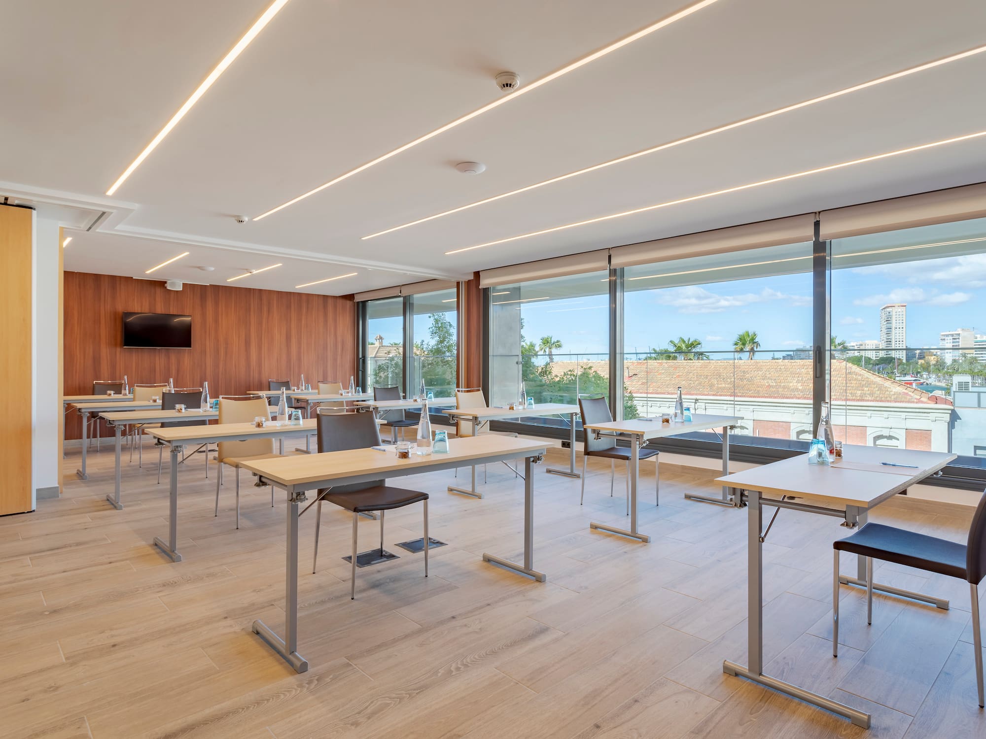 a room with tables and chairs