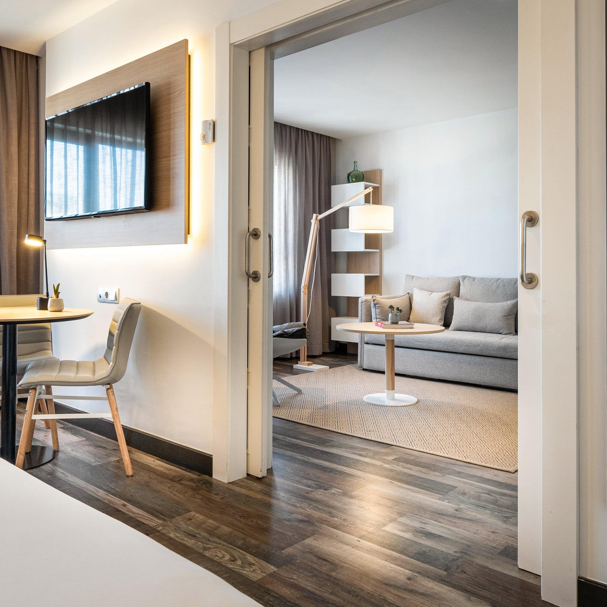 a room with a tv and a couch