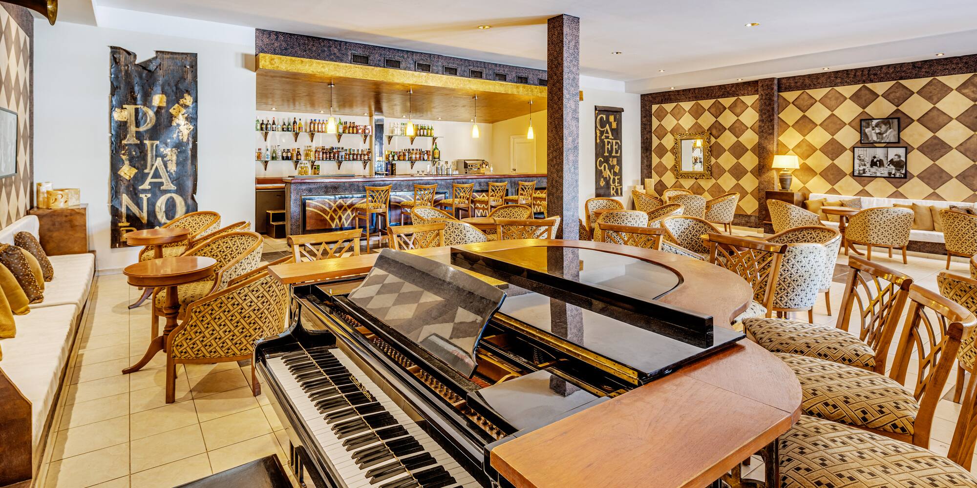 a piano in a restaurant