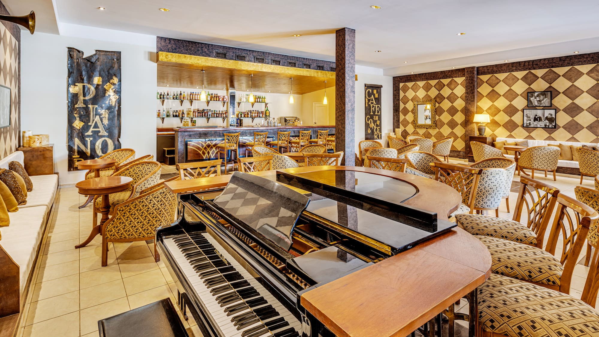 a piano in a restaurant
