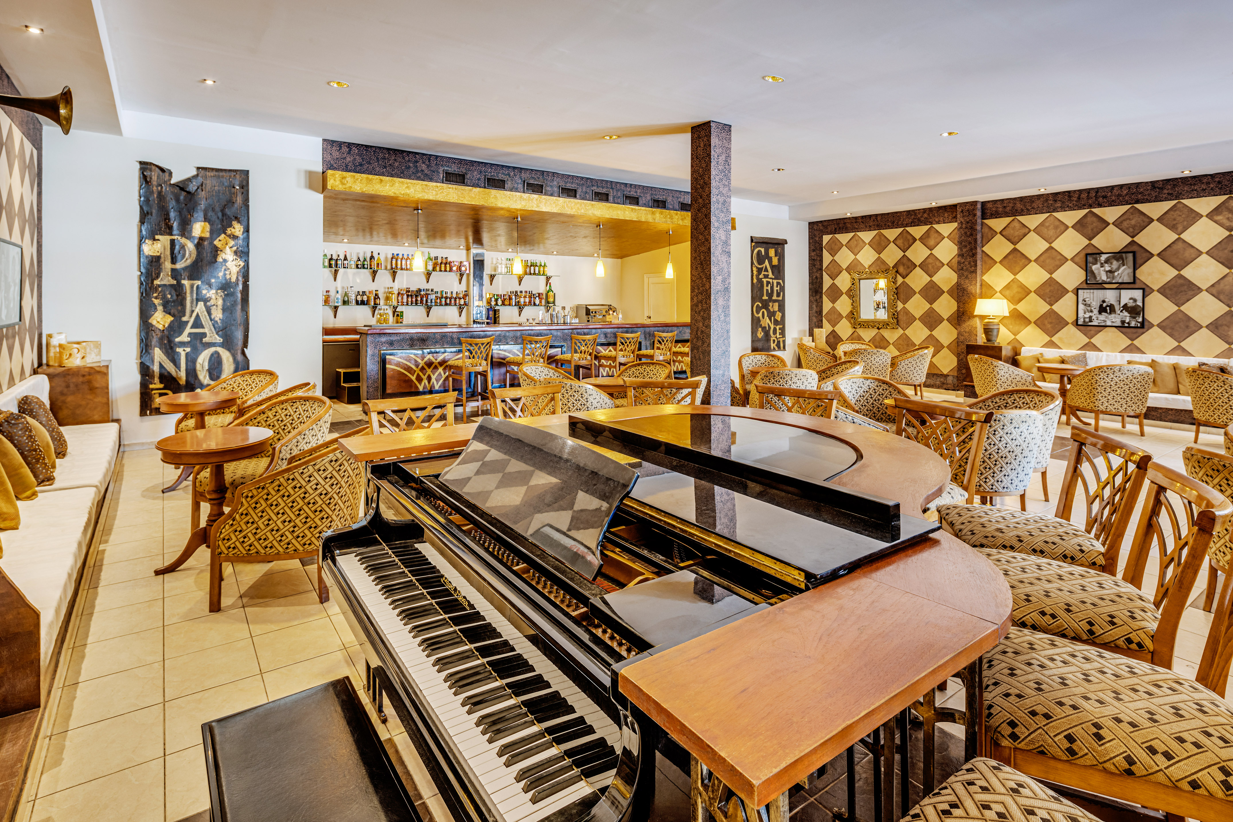 a piano in a restaurant