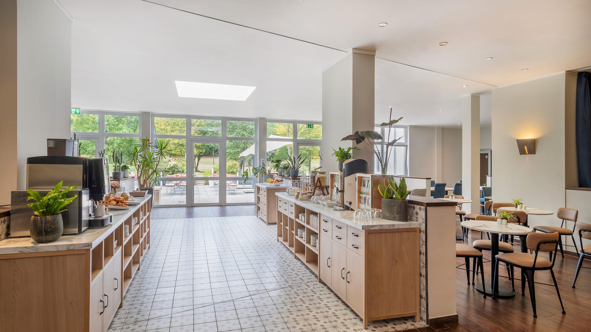 a room with a large counter and a large window