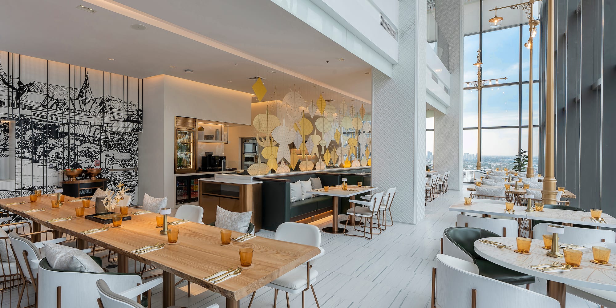 a large room with tables and chairs