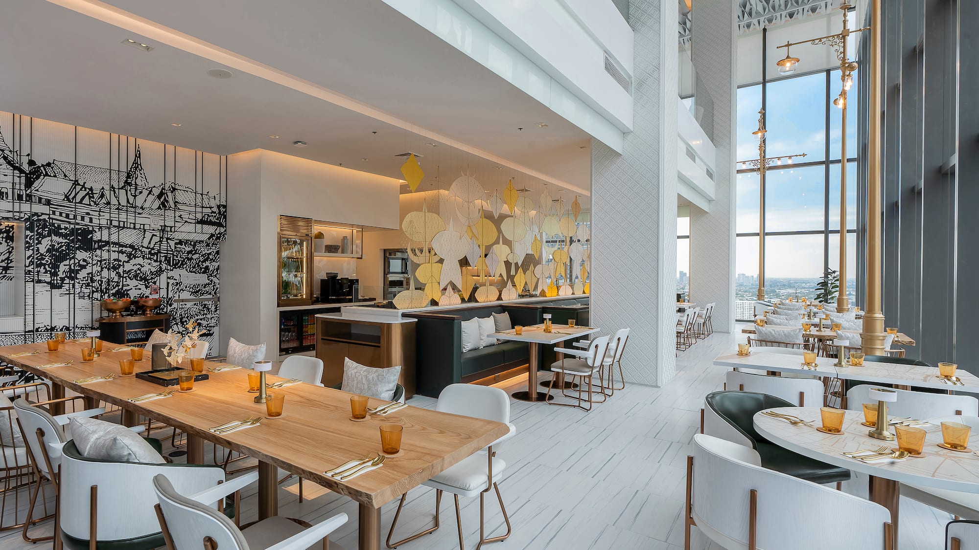 a large room with tables and chairs